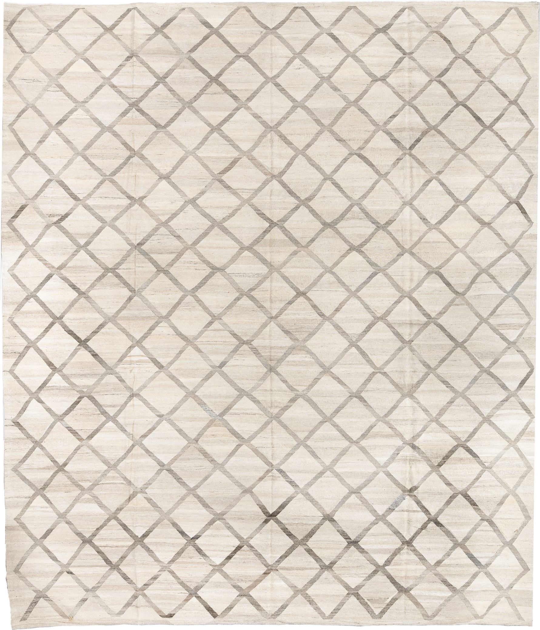 13' x 15' one-of-a-kind handmade vintage Kilim oversize rug. Color palette: ivory, gray, cream, taupe, beige