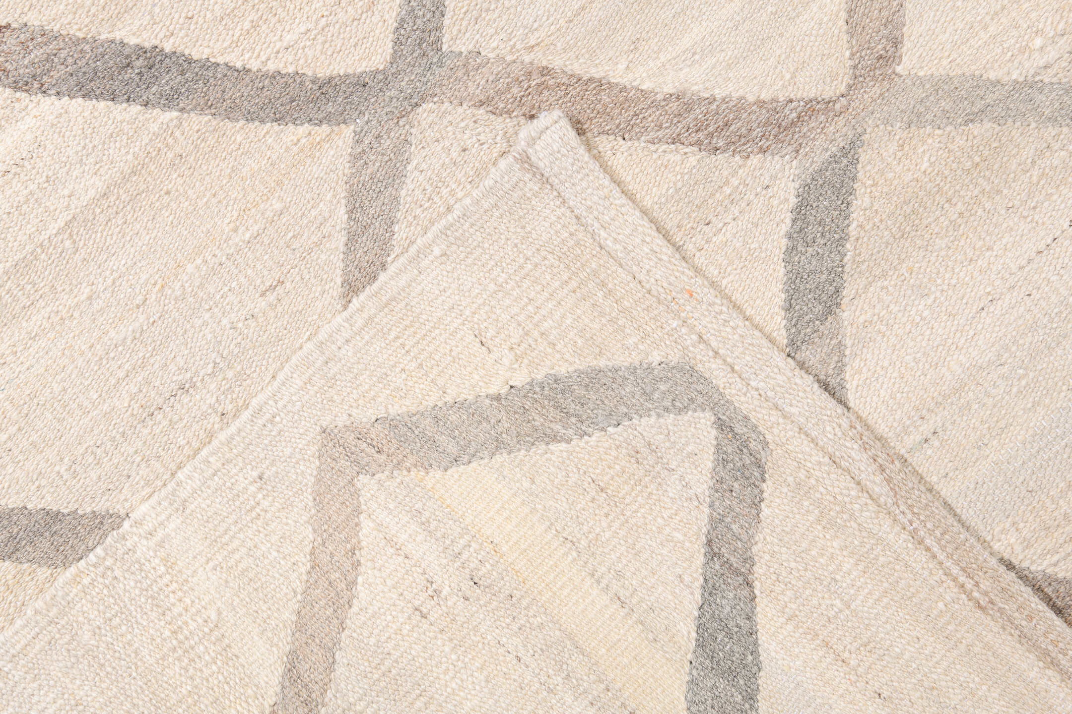 13' x 15' one-of-a-kind handmade vintage Kilim oversize rug. Color palette: ivory, gray, cream, taupe, beige