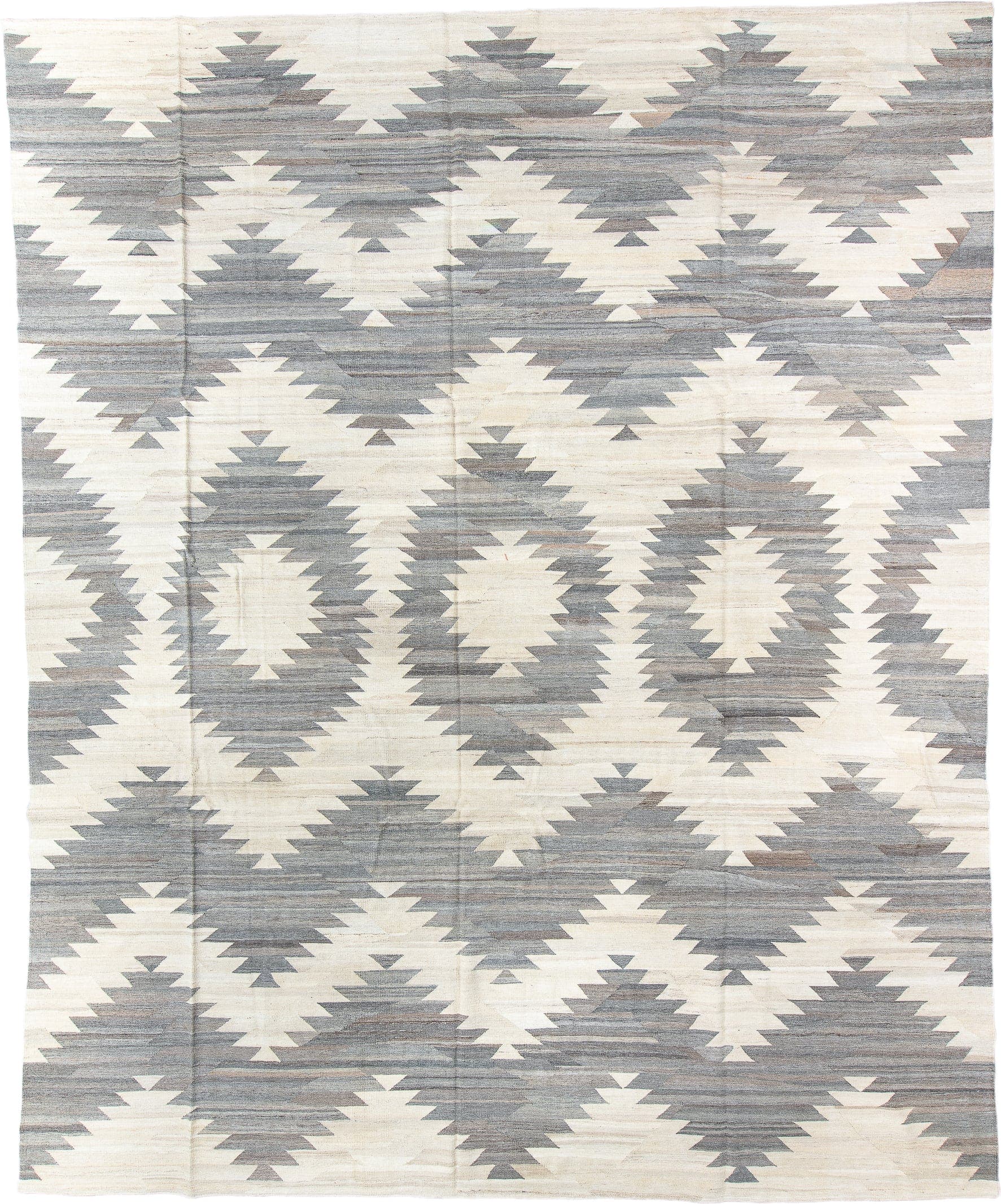 12' x 15' one-of-a-kind handmade vintage Kilim oversize rug. Color palette: ivory, gray, taupe, greige, beige