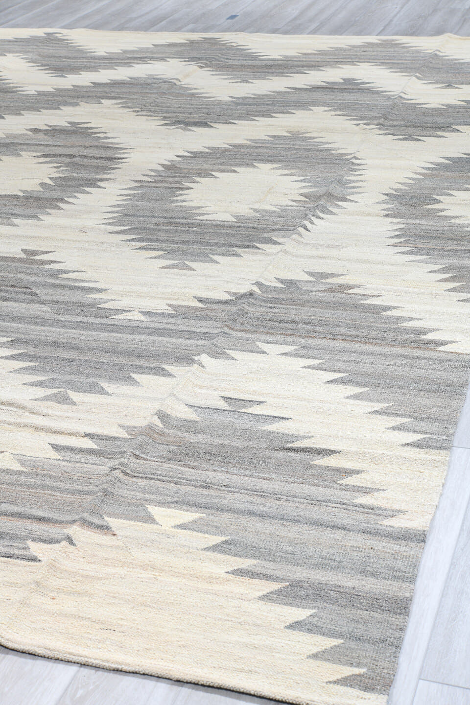 12' x 15' one-of-a-kind handmade vintage Kilim oversize rug. Color palette: ivory, gray, taupe, greige, beige