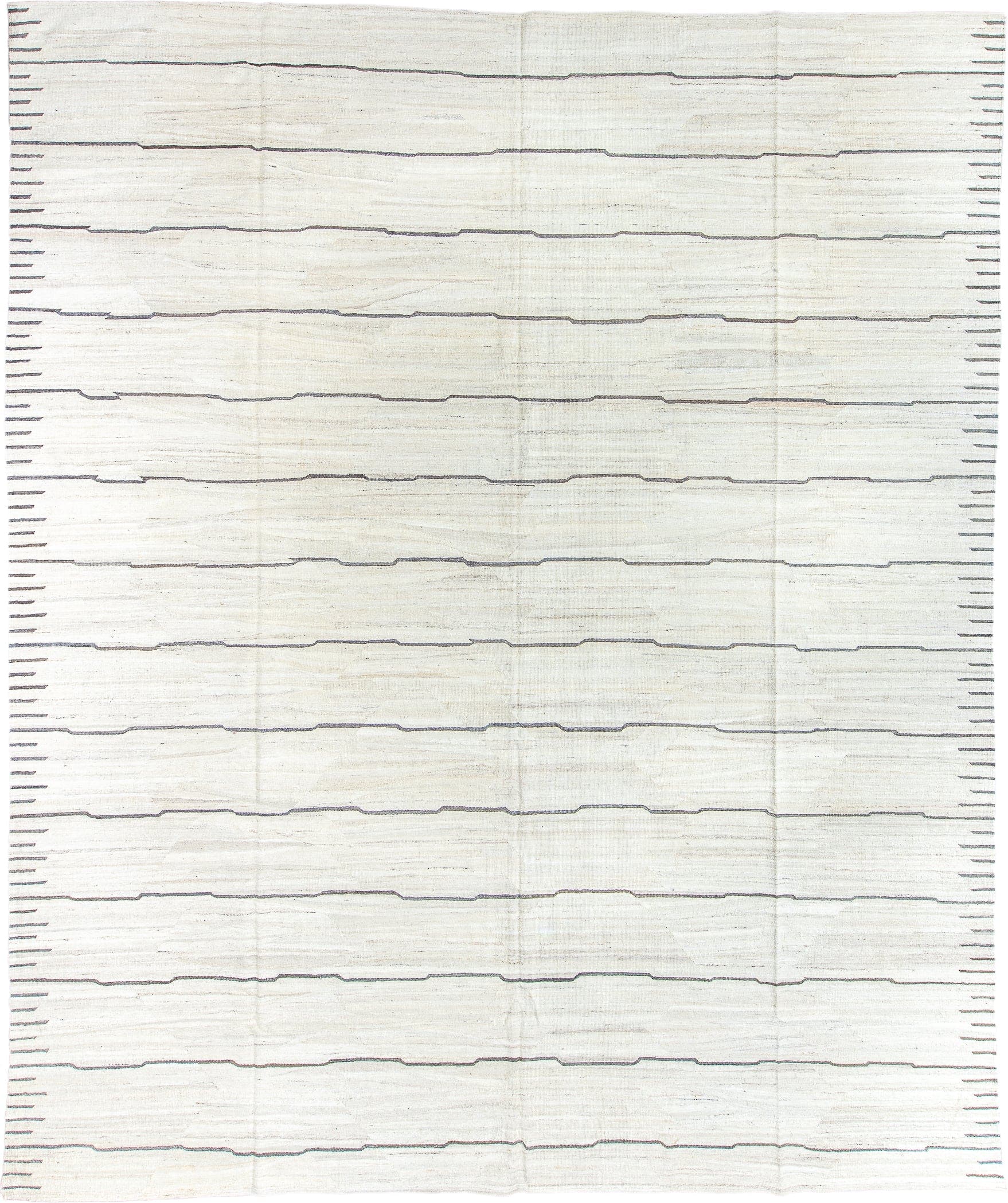 13' x 15' one-of-a-kind handmade vintage Kilim oversize rug. Color palette: ivory, cream, charcoal, taupe, black, gray