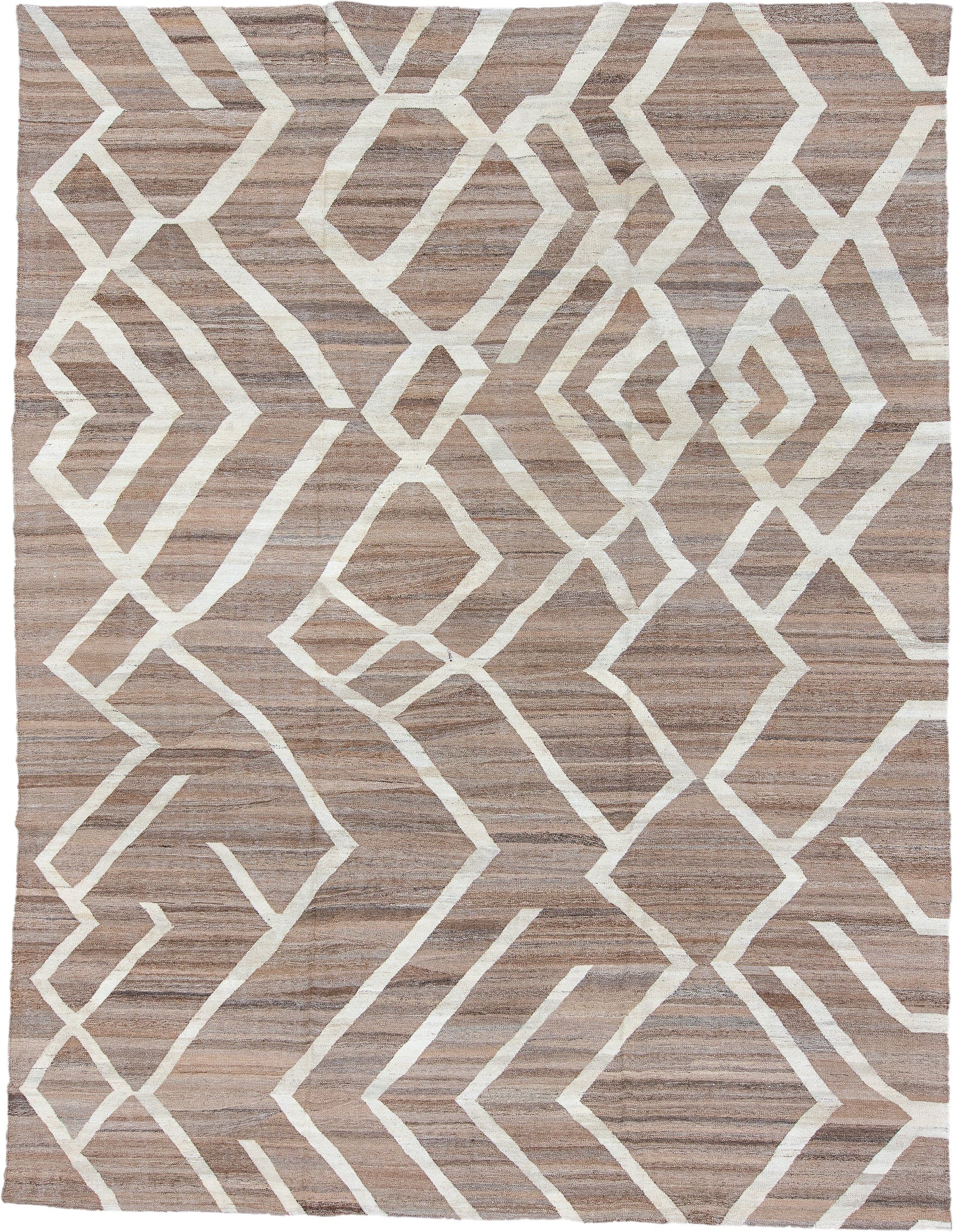 10' x 13' one-of-a-kind handmade vintage Kilim large size rug. Color palette: taupe, ivory, brown, camel, greige, beige