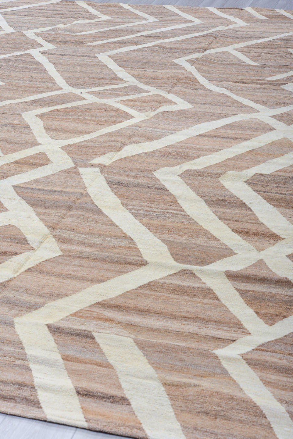 10' x 13' one-of-a-kind handmade vintage Kilim large size rug. Color palette: taupe, ivory, brown, camel, greige, beige