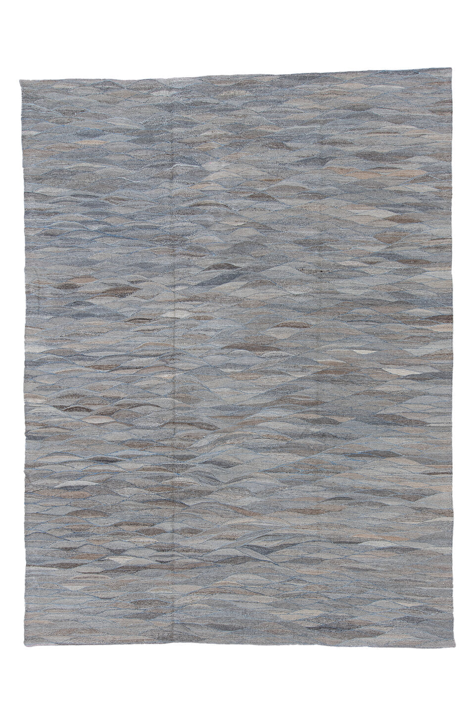 8' x 11' one-of-a-kind handmade vintage Kilim large size rug. Color palette: blue, dim gray, gray, light blue, light gray