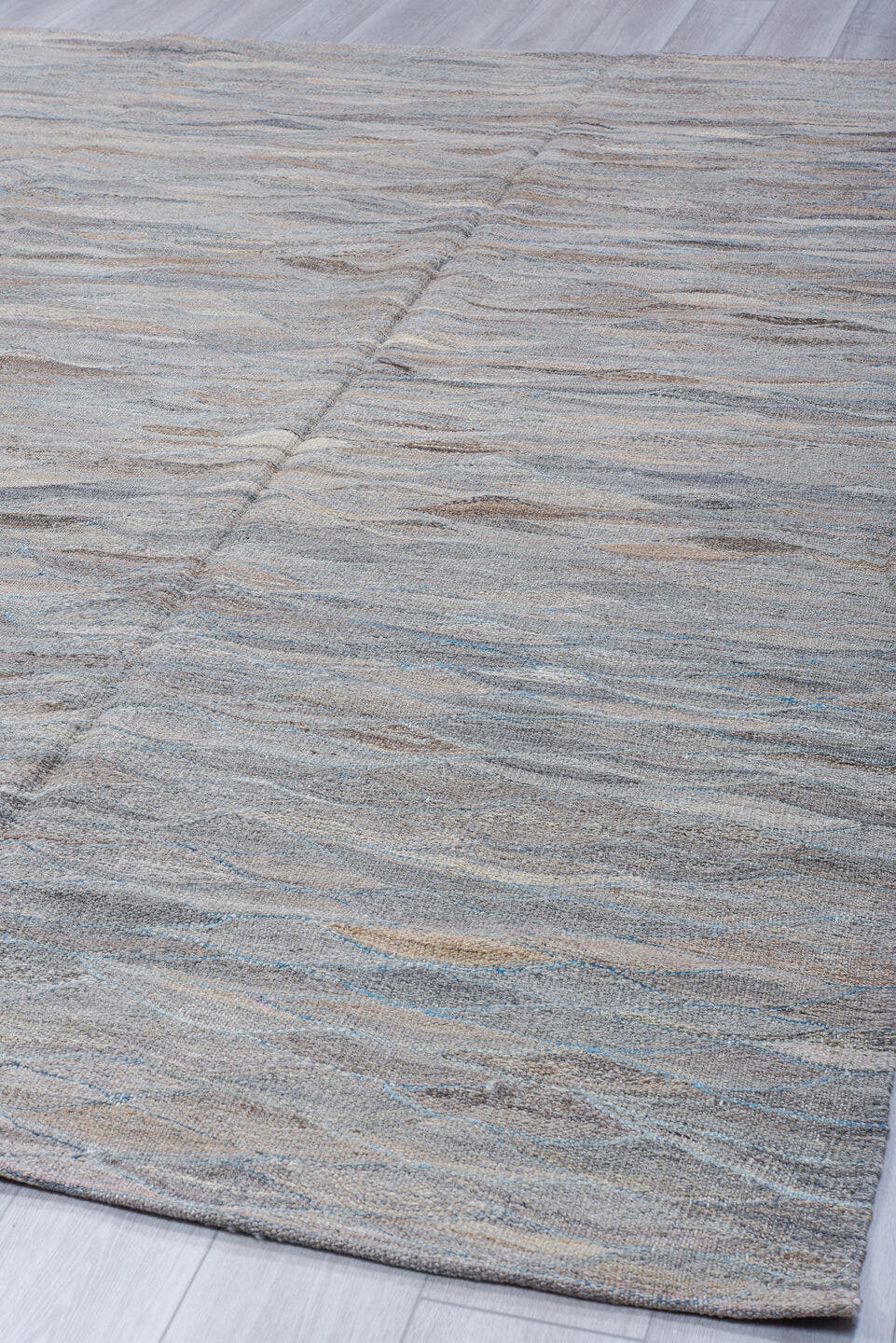 8' x 11' one-of-a-kind handmade vintage Kilim large size rug. Color palette: gray, taupe, ivory, slate, camel, pale blue