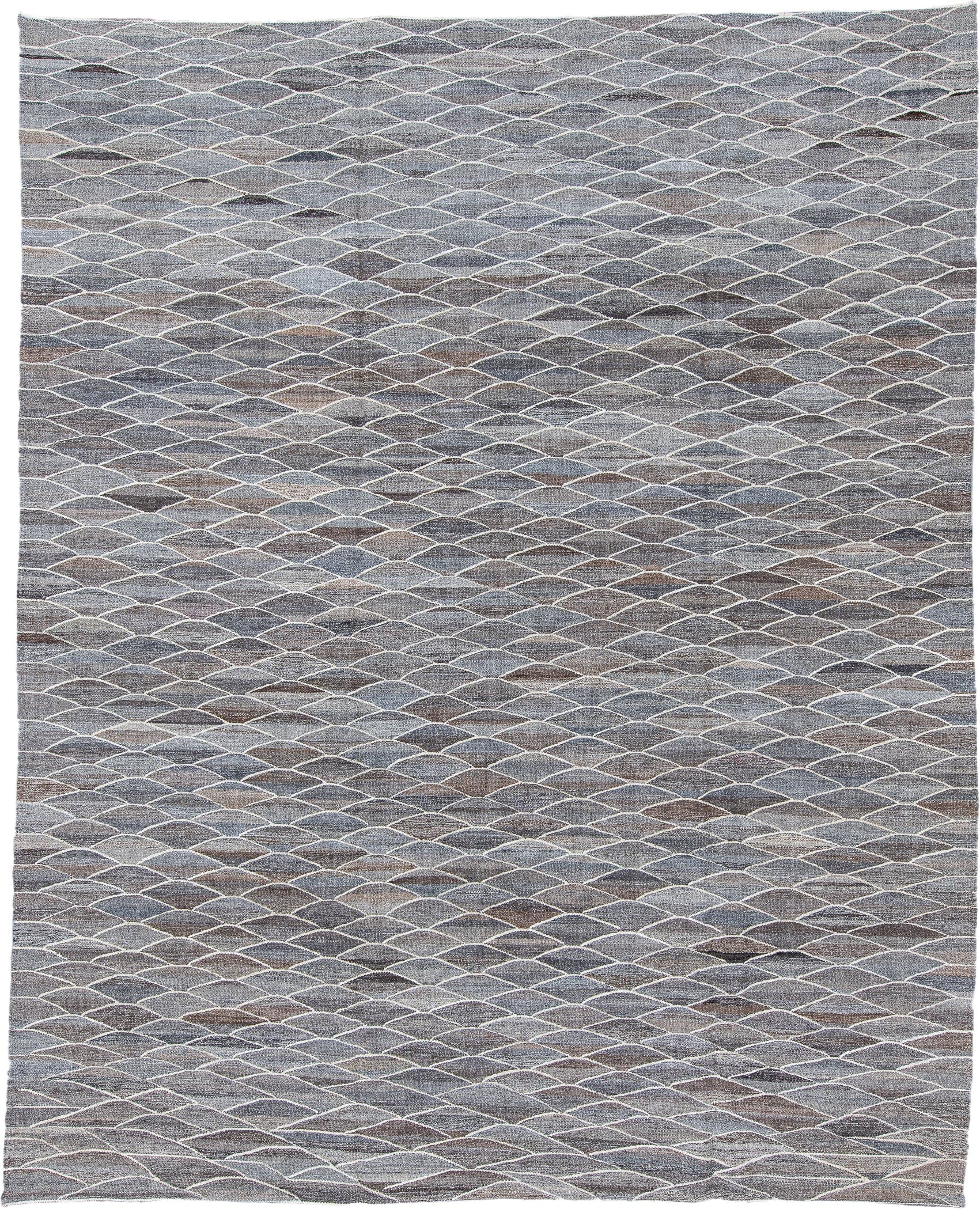 9' x 11' one-of-a-kind handmade vintage Kilim large size rug. Color palette: gray, taupe, ivory, slate, charcoal, greige