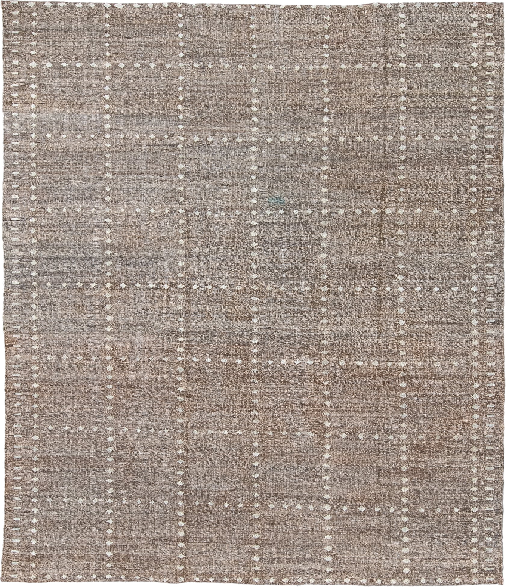 8' x 9' one-of-a-kind handmade vintage Kilim rug. Color palette: taupe, ivory, greige, stone, sand, beige, gray