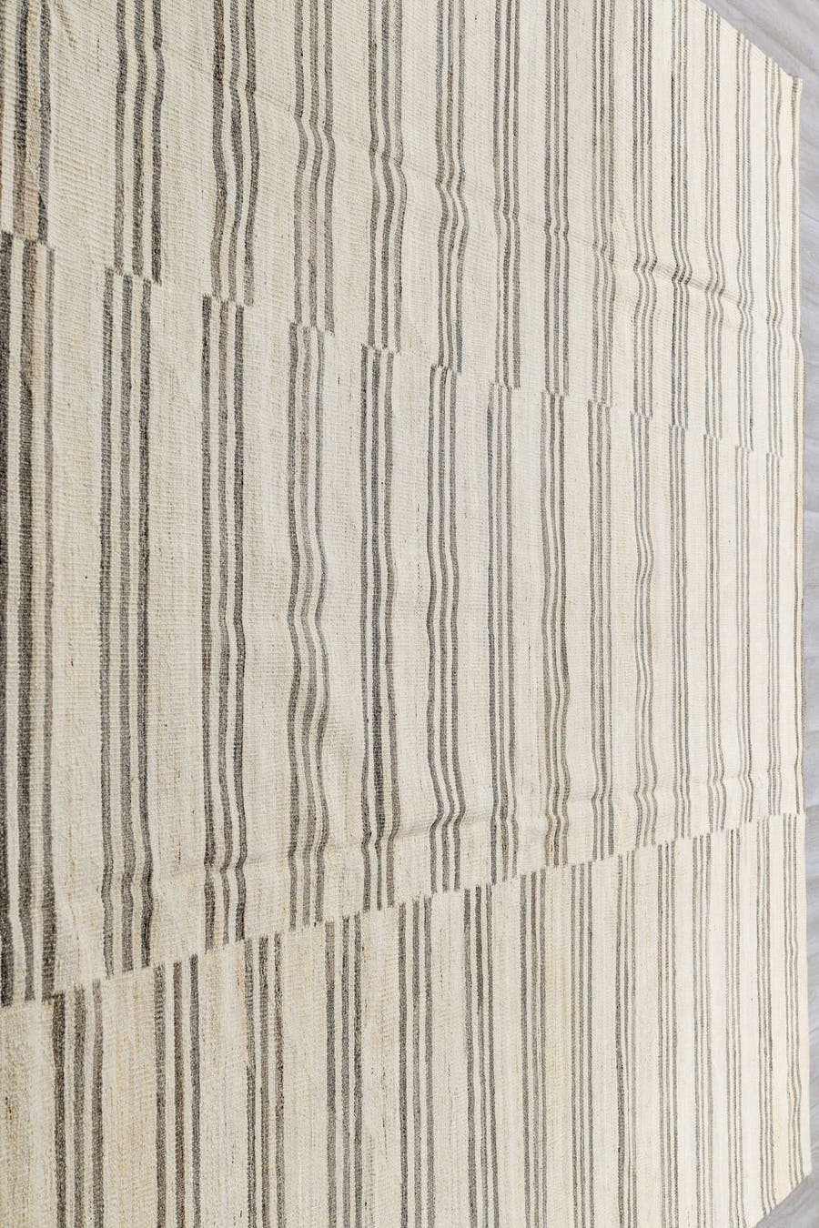 9' x 11' one-of-a-kind handmade vintage Kilim large size rug. Color palette: ivory, charcoal, taupe, gray, cream, black