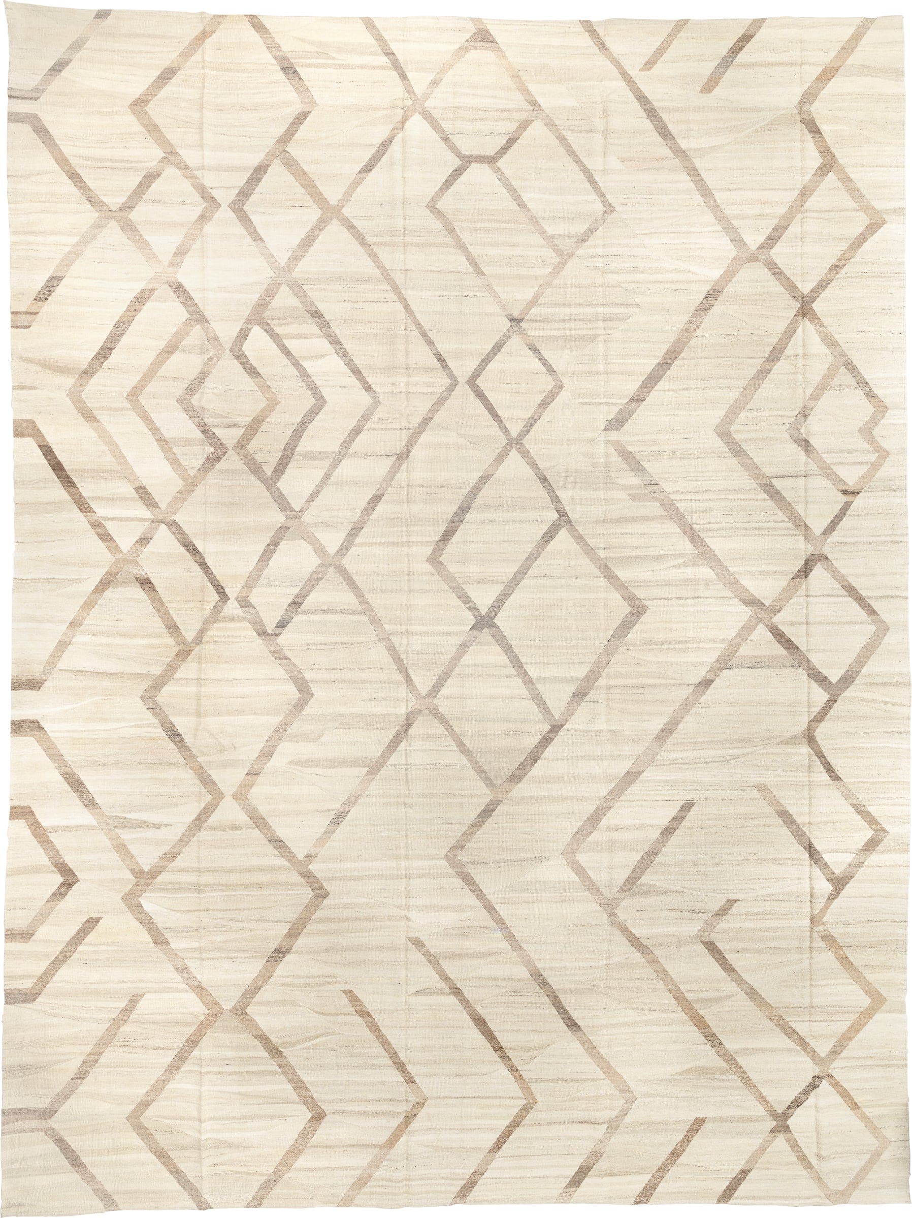 14' x 19' one-of-a-kind handmade vintage Kilim oversize rug. Color palette: ivory, taupe, cream, beige, gray