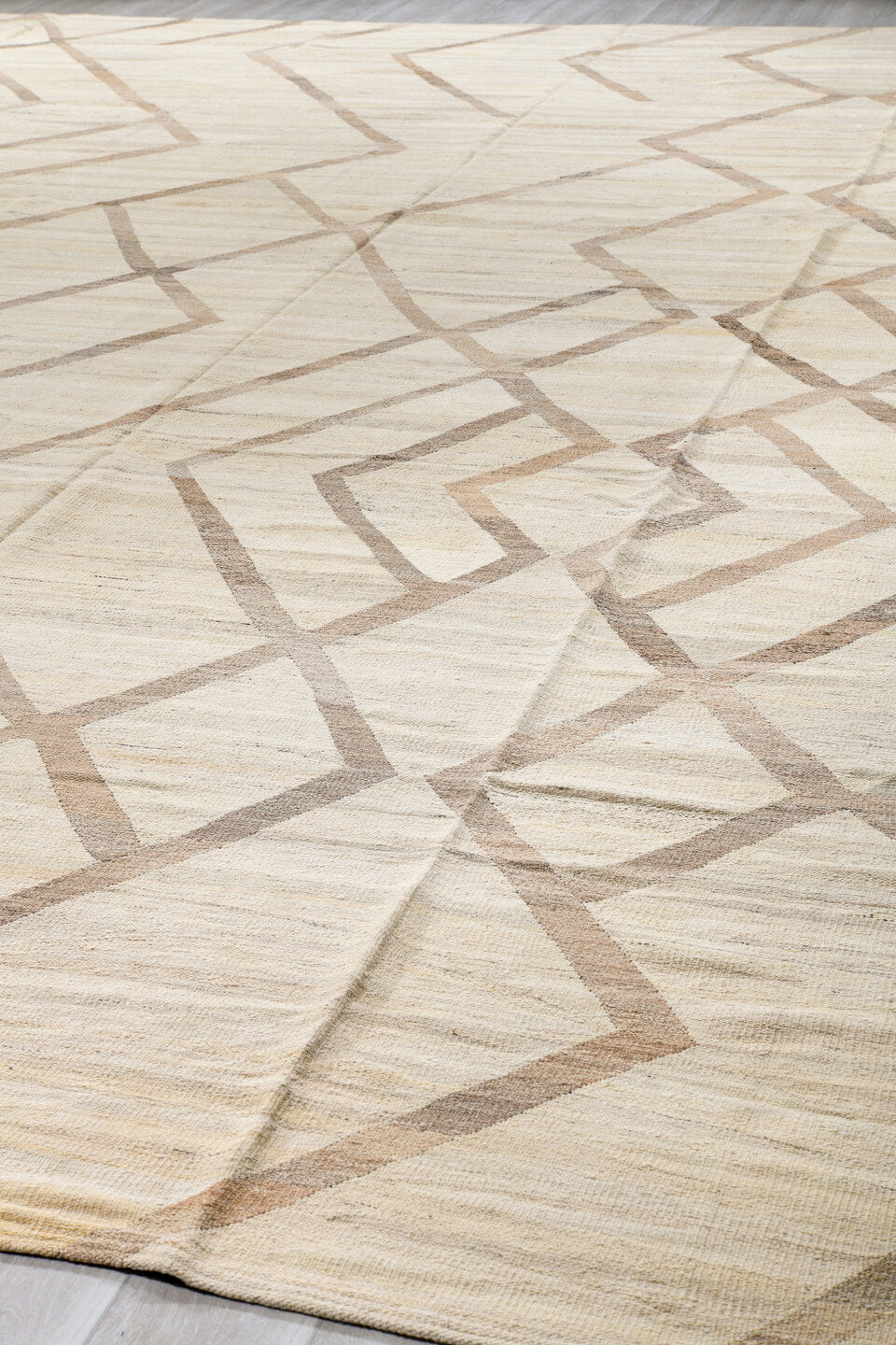 14' x 19' one-of-a-kind handmade vintage Kilim oversize rug. Color palette: ivory, taupe, cream, beige, gray