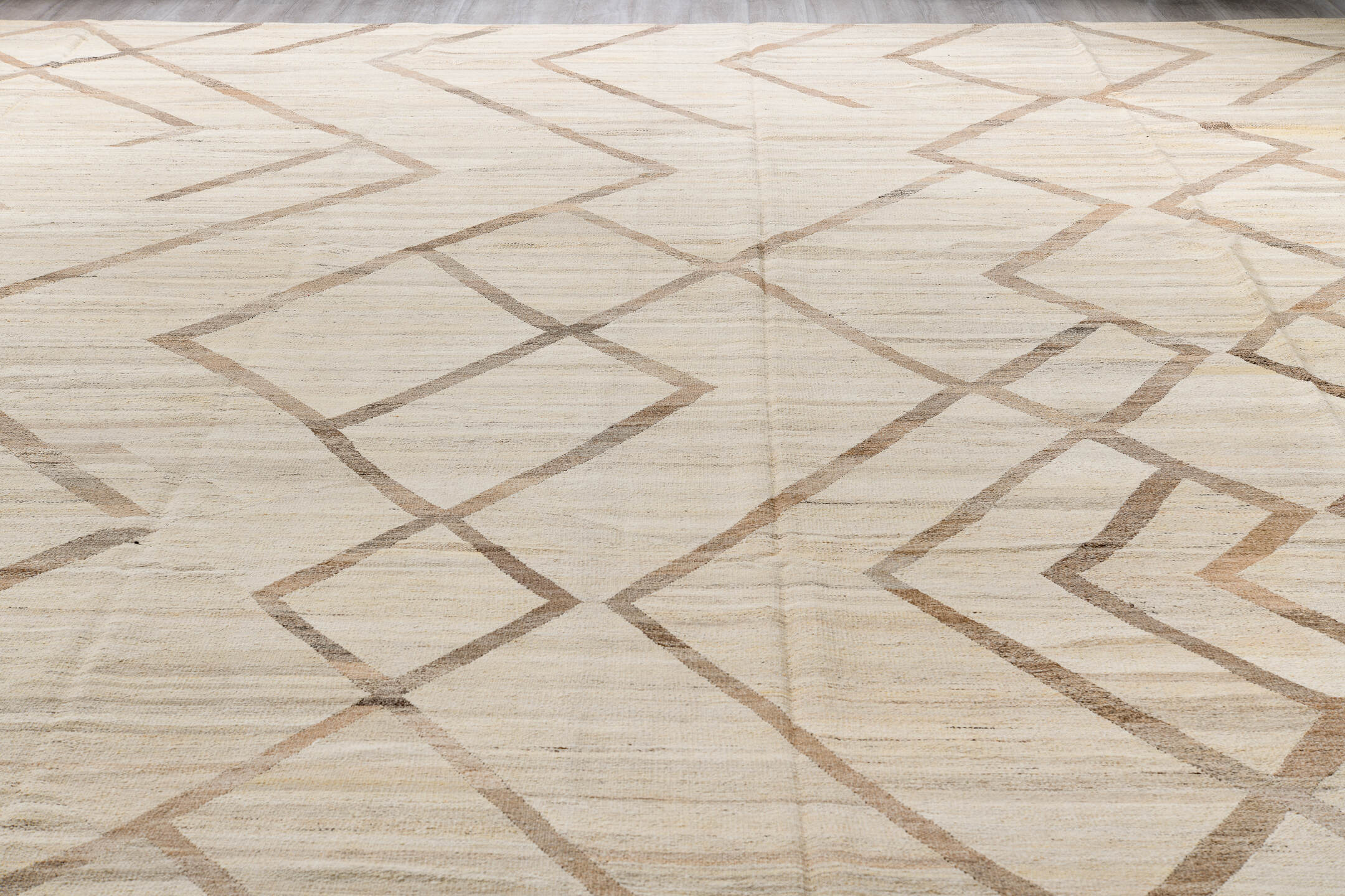 14' x 19' one-of-a-kind handmade vintage Kilim oversize rug. Color palette: black, brown, gray, light gray, linen, off-white