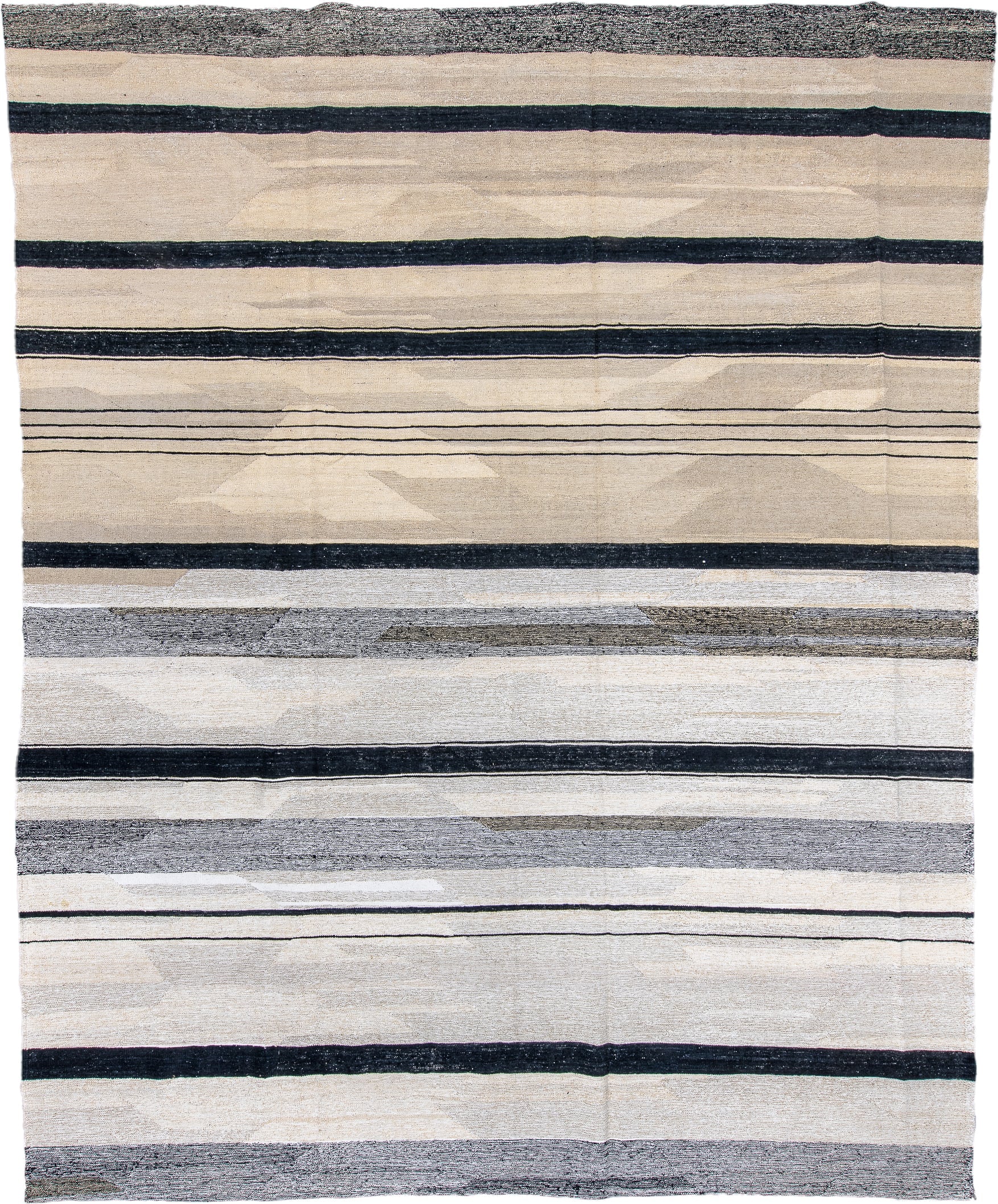 11' x 14' one-of-a-kind handmade vintage Kilim oversize rug. Color palette: ivory, charcoal, black, cream, gray