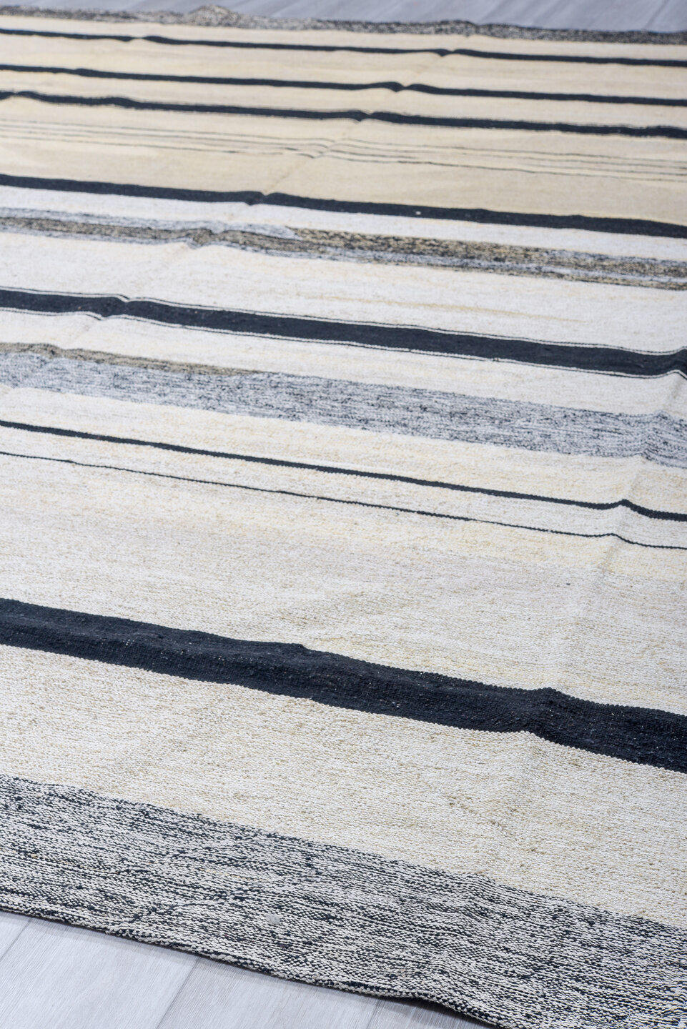 11' x 14' one-of-a-kind handmade vintage Kilim oversize rug. Color palette: ivory, charcoal, black, cream, gray