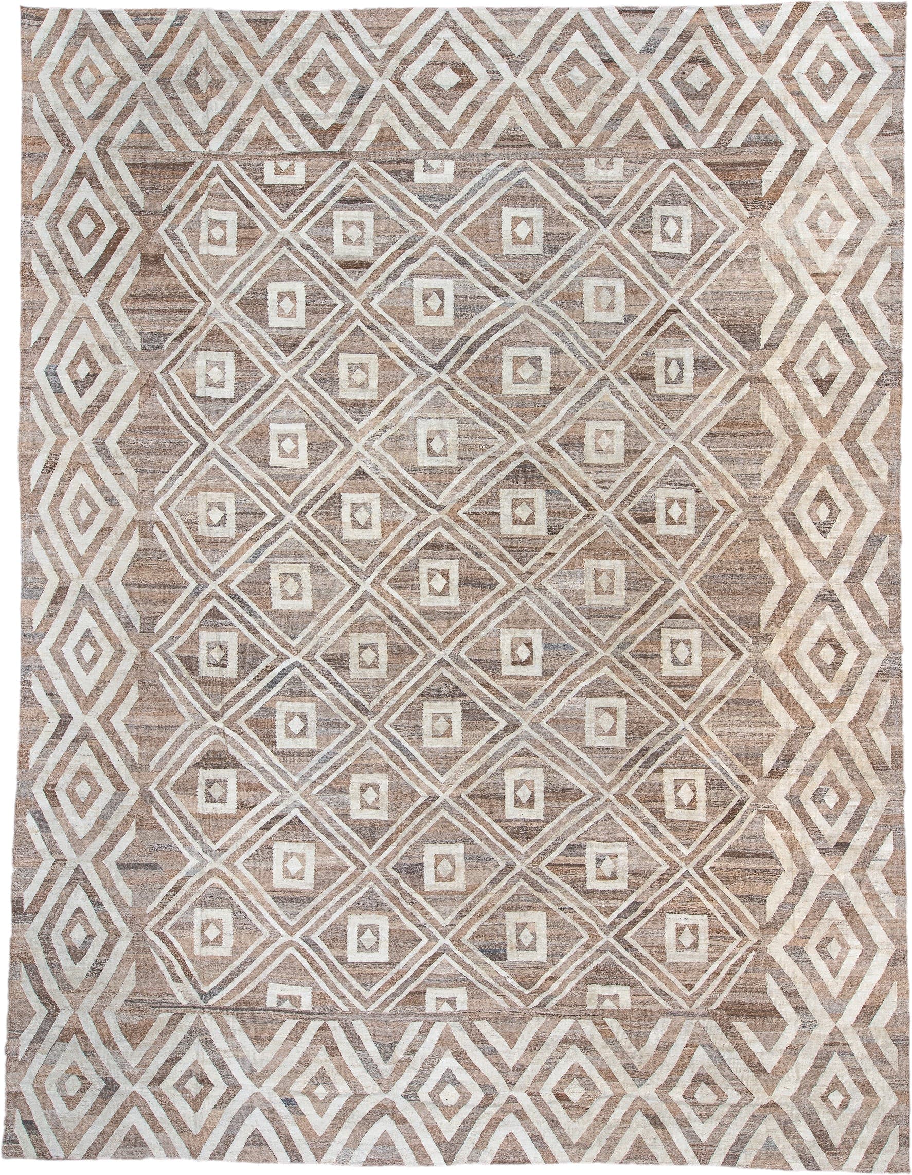 14' x 19' one-of-a-kind handmade vintage Kilim oversize rug. Color palette: taupe, ivory, beige, camel, greige, gray