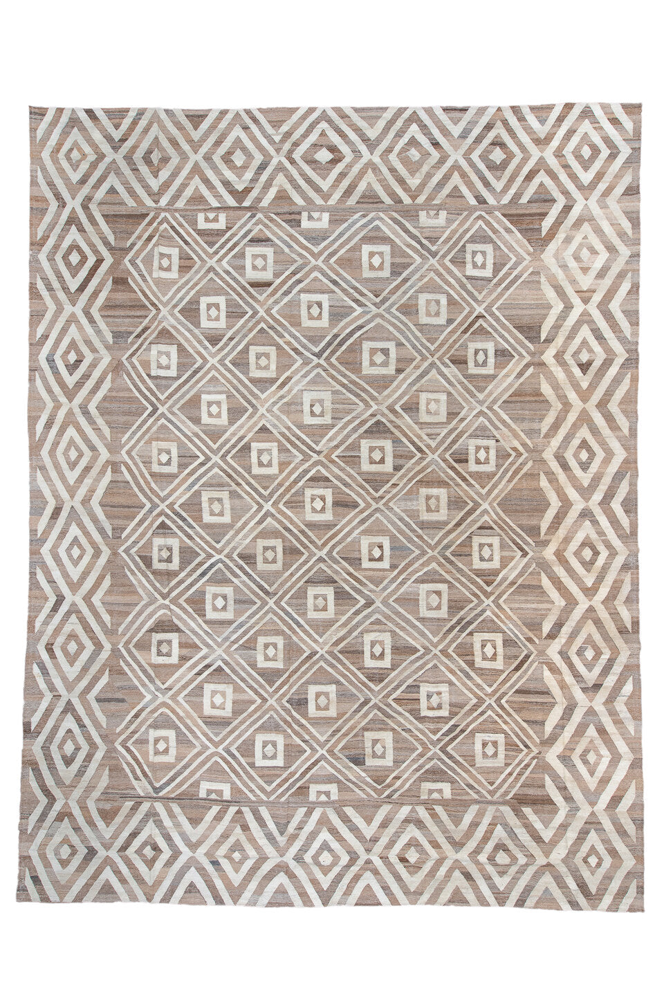 14' x 19' one-of-a-kind handmade vintage Kilim oversize rug. Color palette: black, brown, dark gray, gainsboro, gray