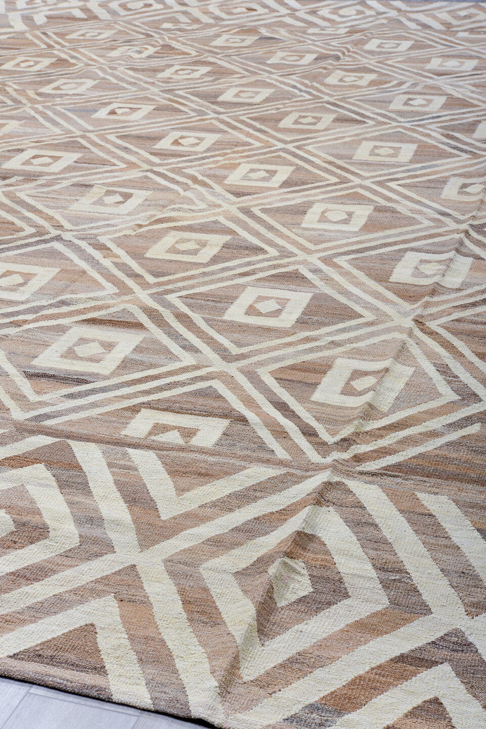14' x 19' one-of-a-kind handmade vintage Kilim oversize rug. Color palette: taupe, ivory, beige, camel, greige, gray