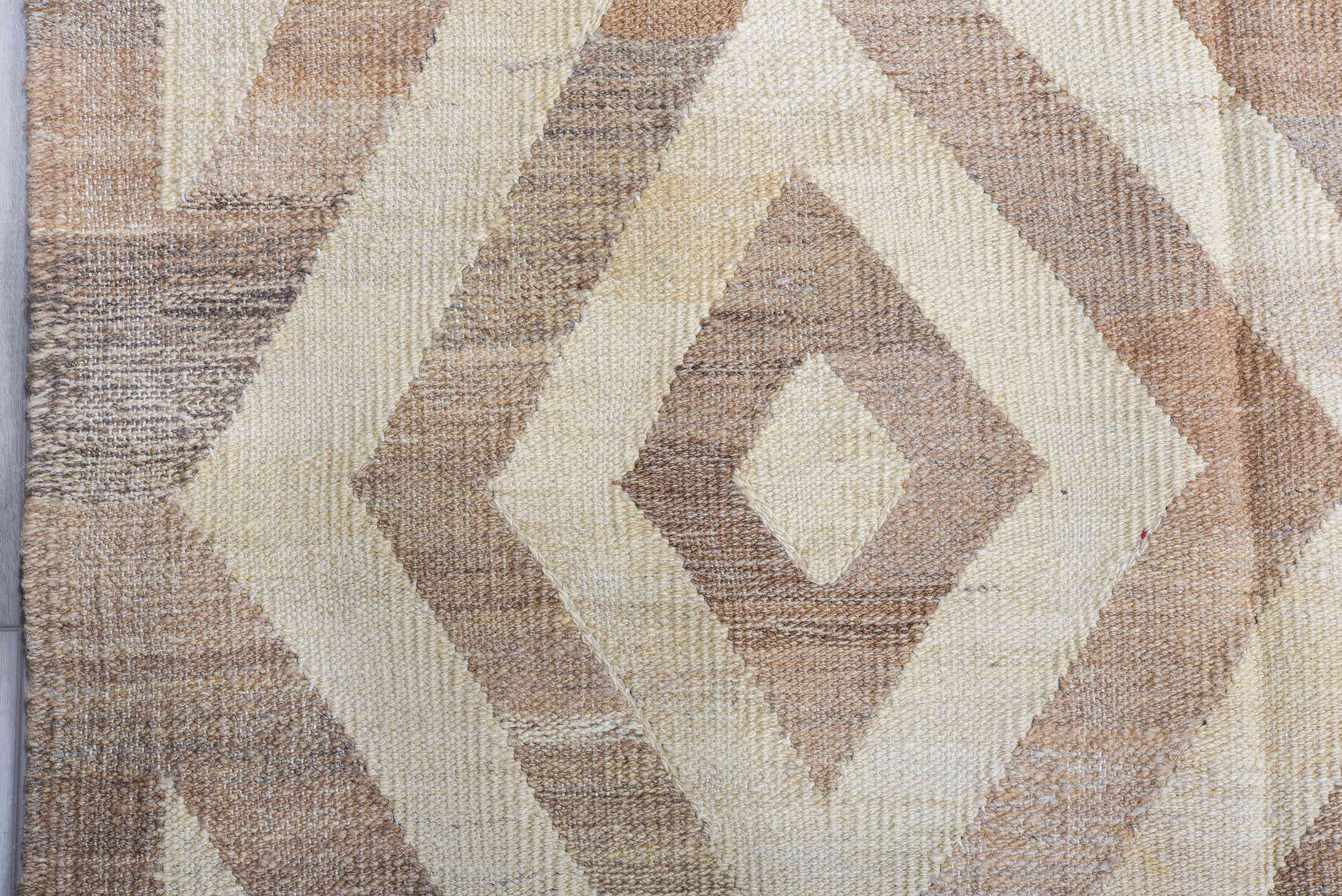 14' x 19' one-of-a-kind handmade vintage Kilim oversize rug. Color palette: taupe, ivory, beige, camel, greige, gray