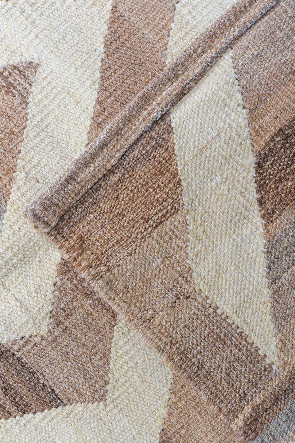 14' x 19' one-of-a-kind handmade vintage Kilim oversize rug. Color palette: taupe, ivory, beige, camel, greige, gray