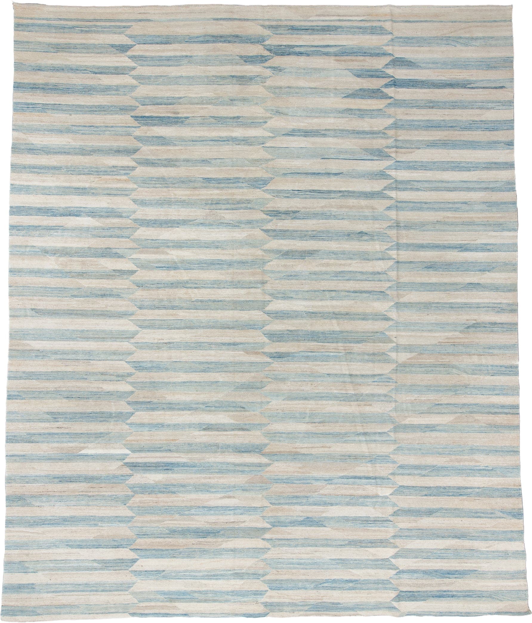 12' x 14' one-of-a-kind handmade vintage Kilim oversize rug. Color palette: ivory, pale blue, cream, sky blue, beige