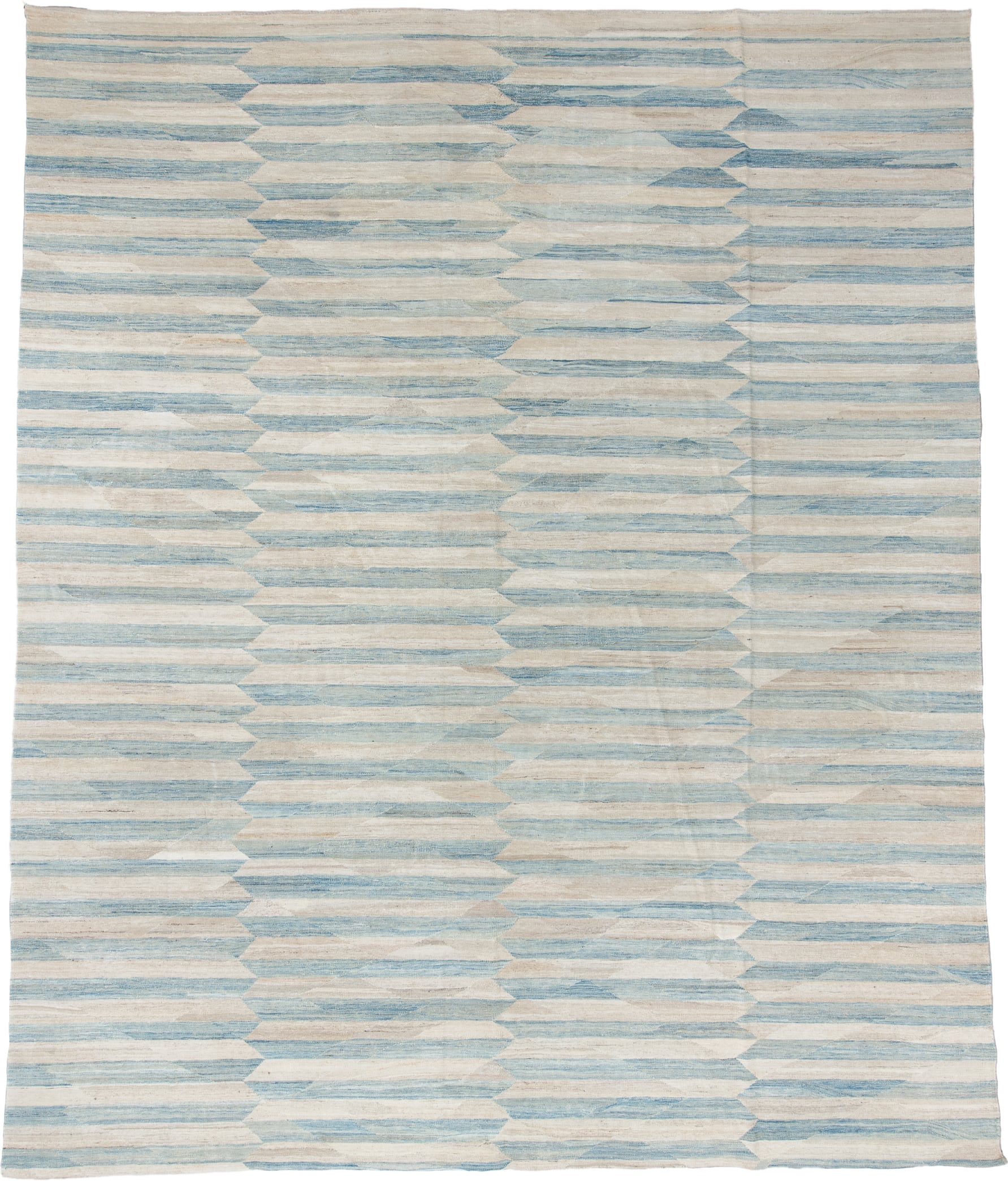 12' x 14' one-of-a-kind handmade vintage Kilim oversize rug. Color palette: ivory, pale blue, cream, sky blue, beige