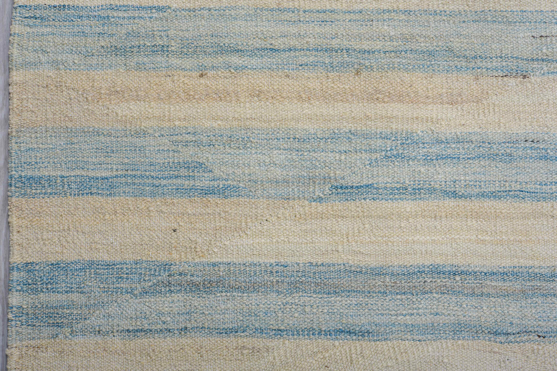 12' x 14' one-of-a-kind handmade vintage Kilim oversize rug. Color palette: ivory, pale blue, cream, sky blue, beige