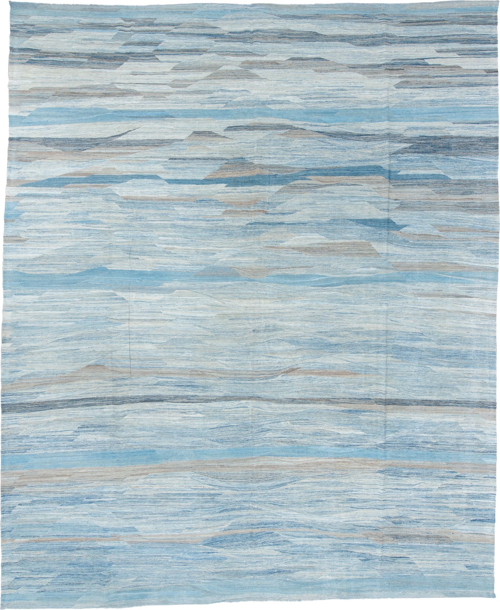 13' x 15' one-of-a-kind handmade vintage Kilim oversize rug. Color palette: sky blue, ivory, taupe, slate, blue gray