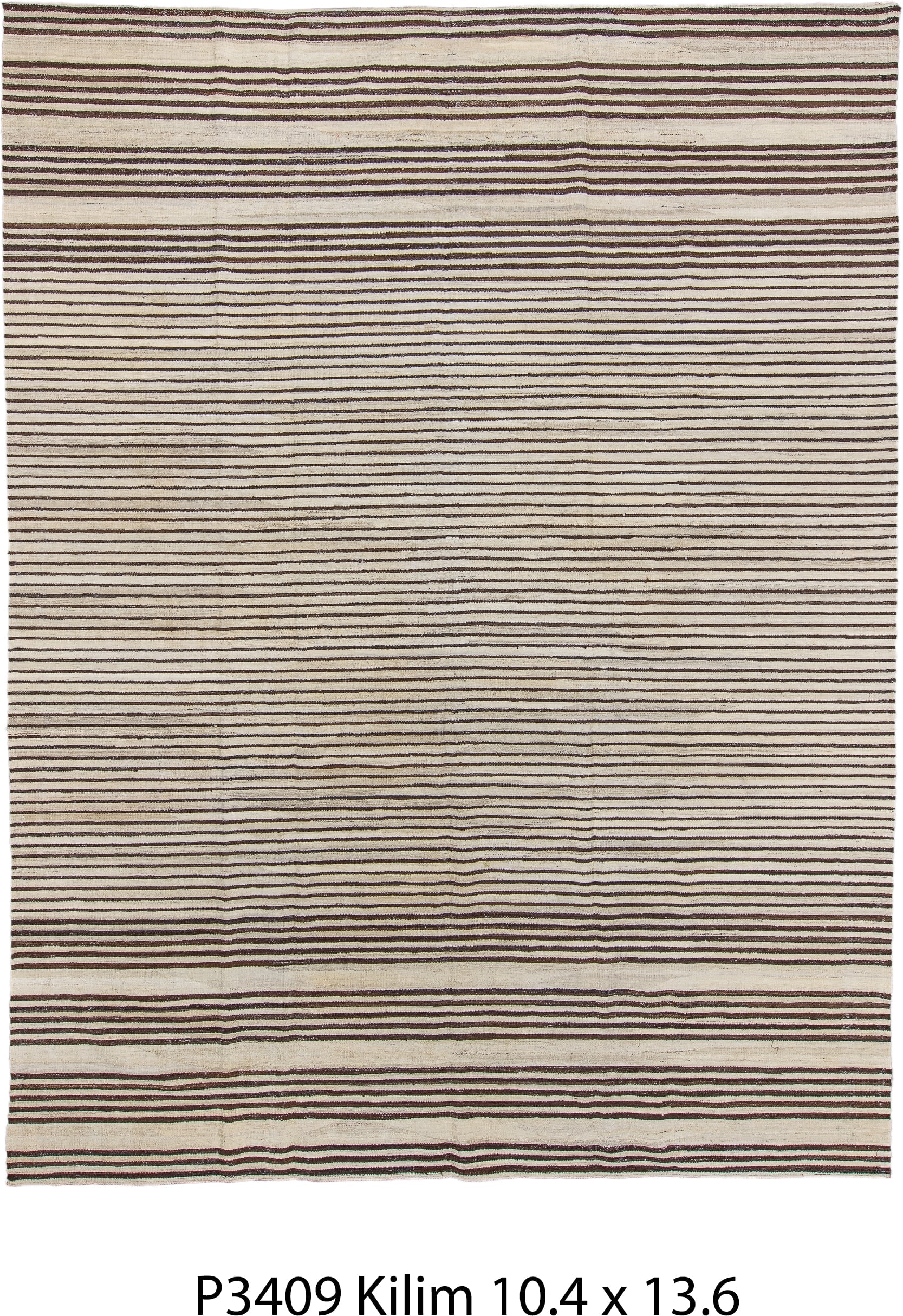 10' x 13' one-of-a-kind handmade vintage Kilim large size rug. Color palette: ivory, brown, charcoal, black, gray