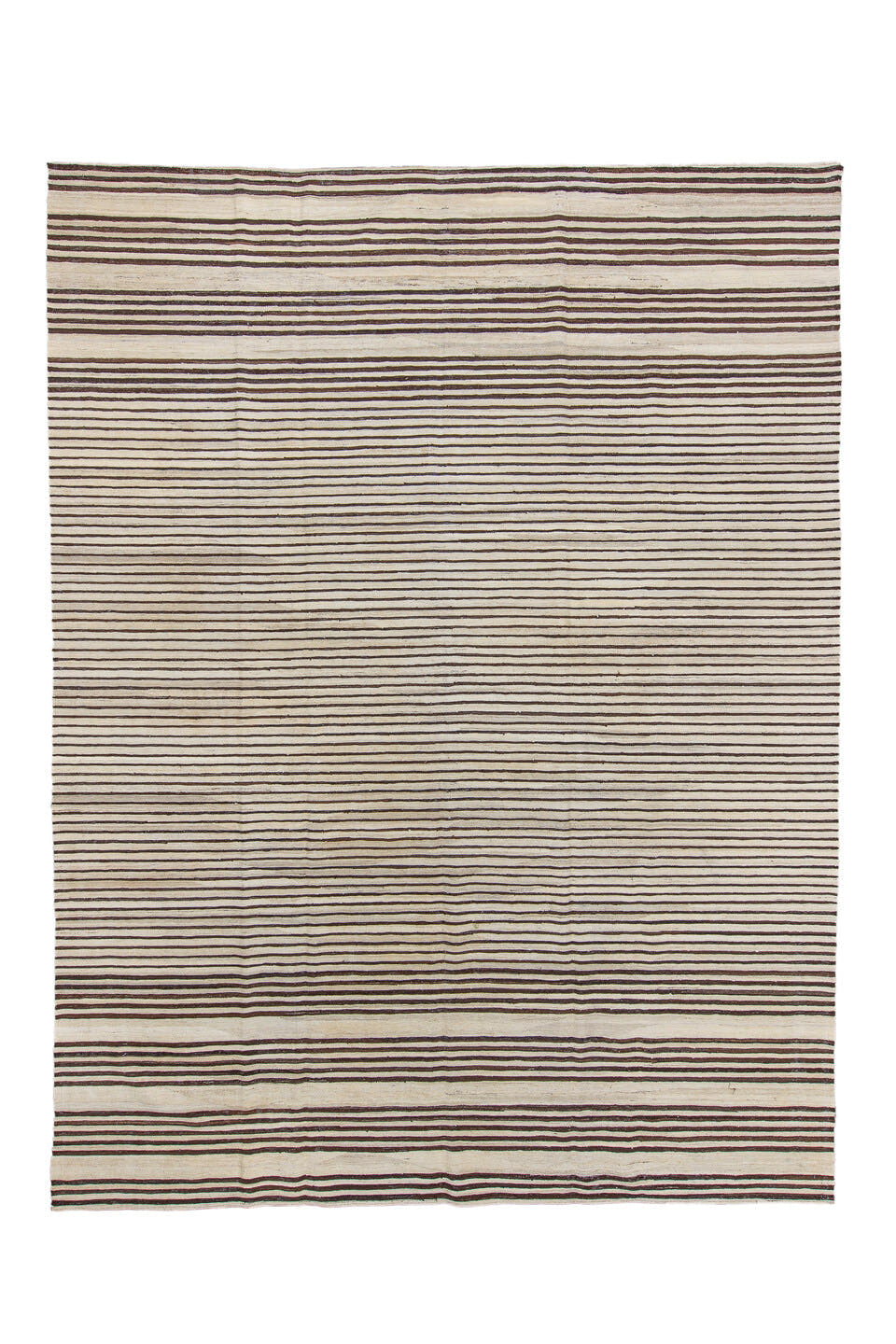10' x 13' one-of-a-kind handmade vintage Kilim large size rug. Color palette: ivory, brown, charcoal, black, gray