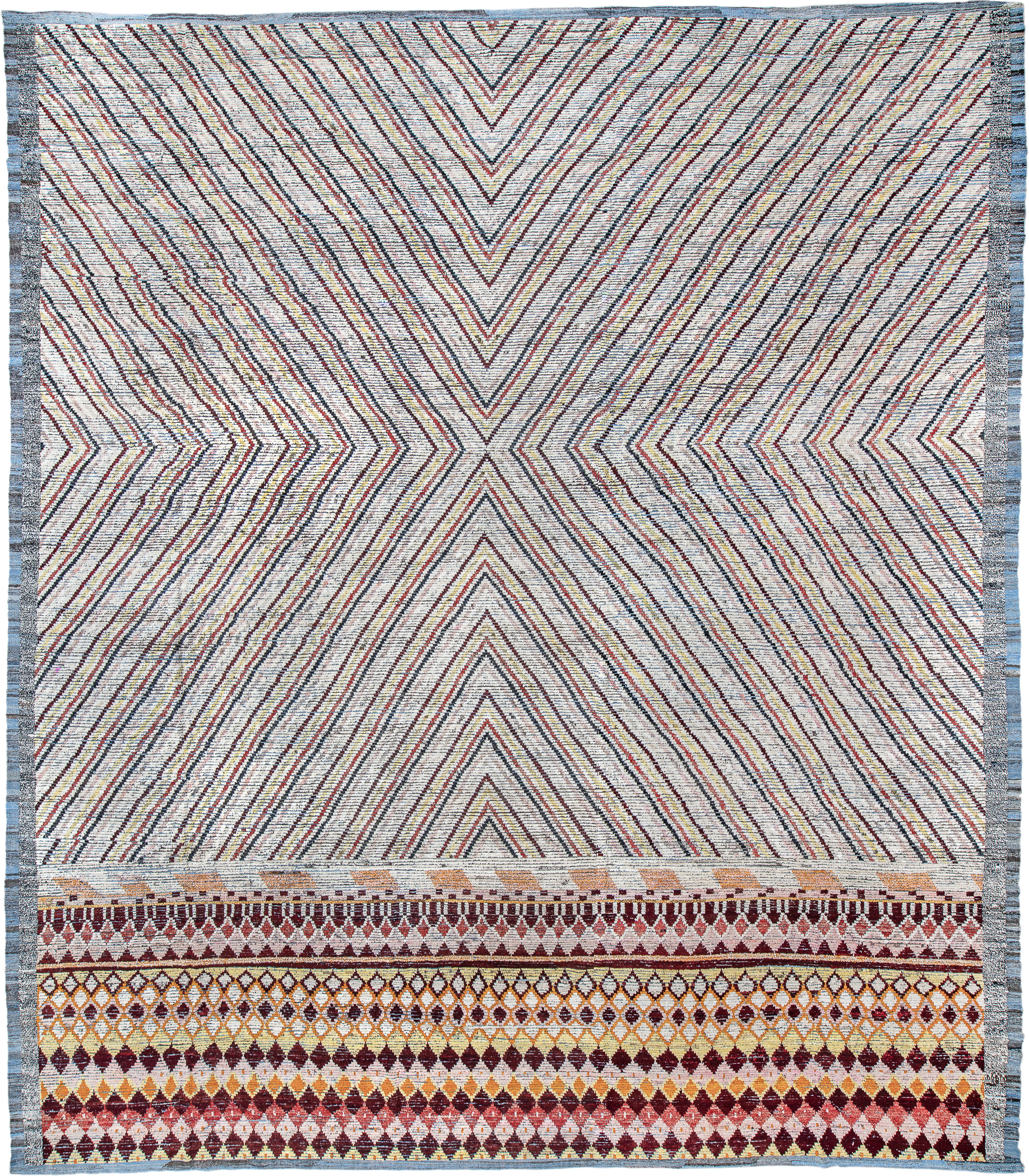 18' x 20' one-of-a-kind handmade vintage Tulu oversize rug. Color palette: ivory, burgundy, sky_blue, saffron, coral