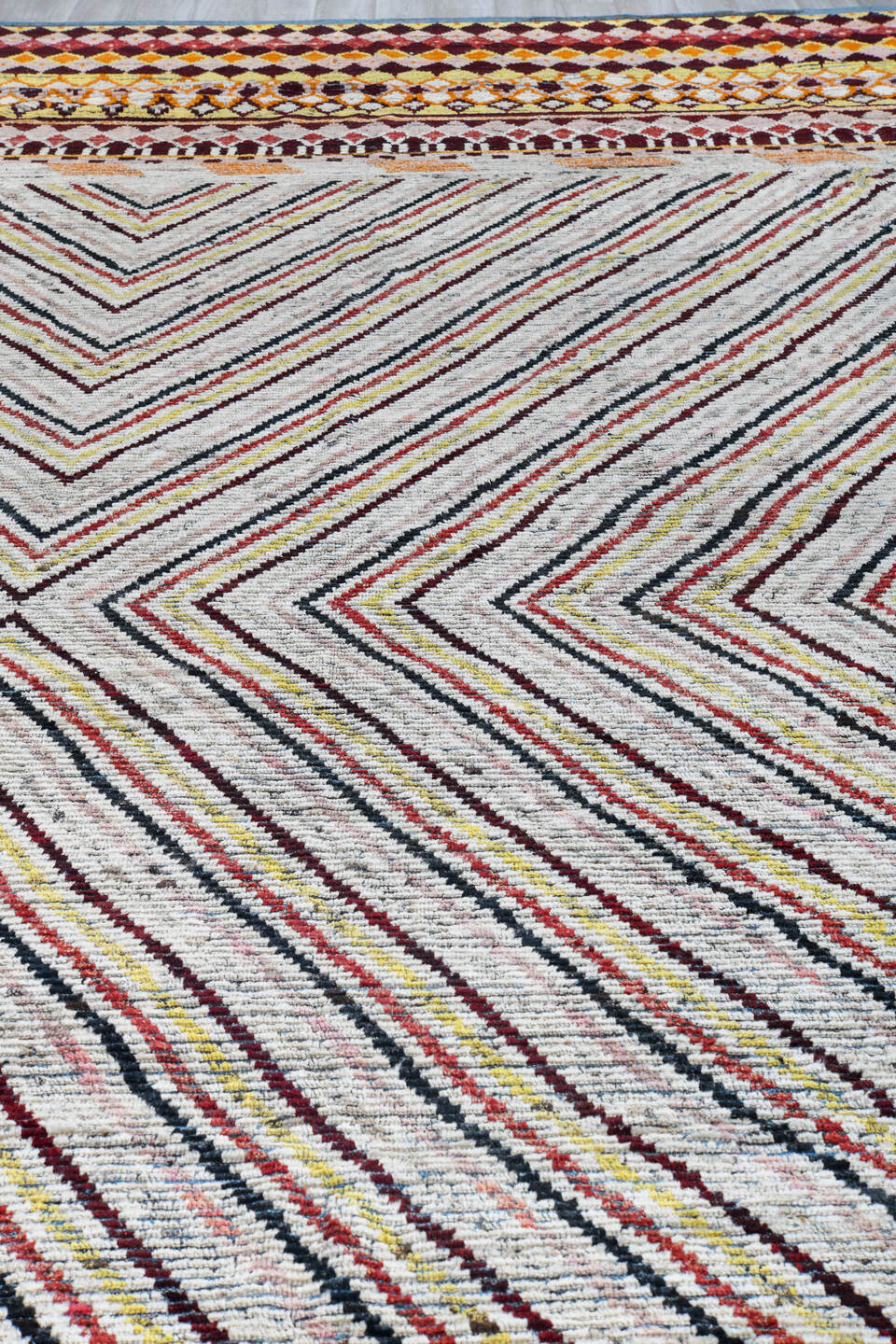 18' x 20' one-of-a-kind handmade vintage Tulu oversize rug. Color palette: ivory, burgundy, sky_blue, saffron, coral