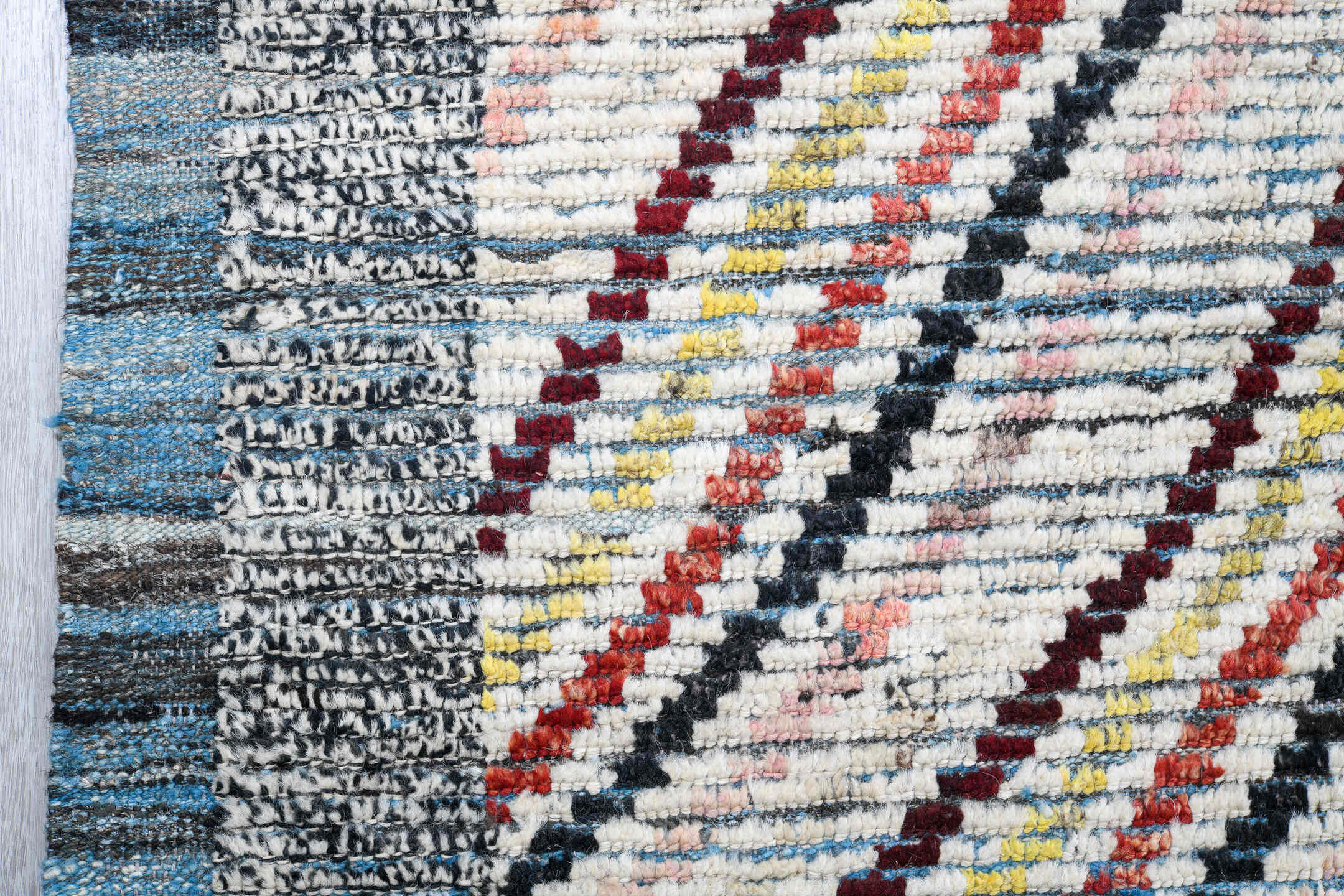 18' x 20' one-of-a-kind handmade vintage Tulu oversize rug. Color palette: ivory, burgundy, sky_blue, saffron, coral