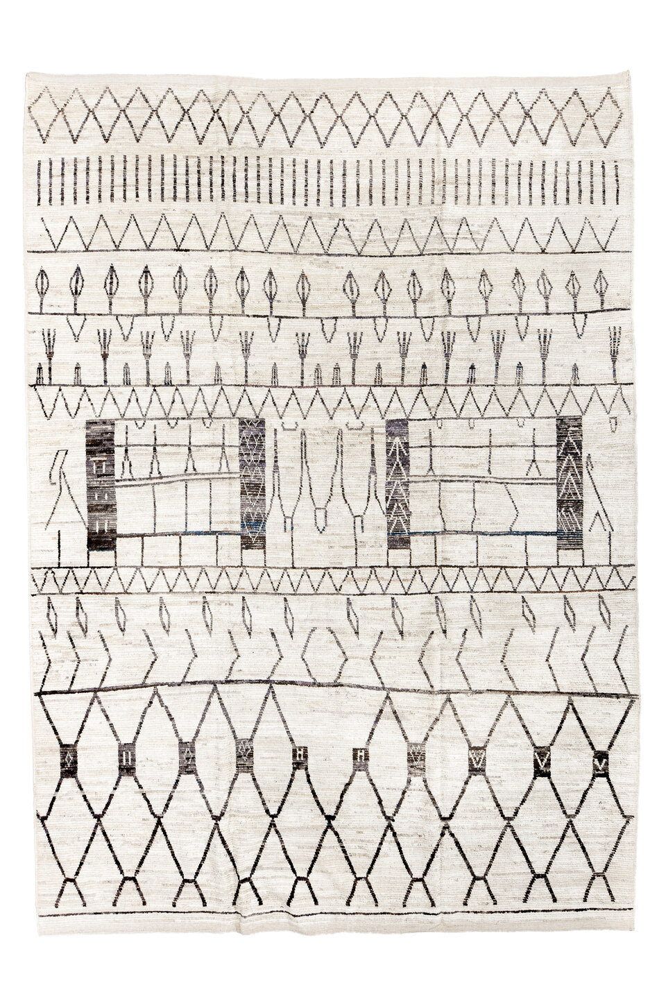 10' x 14' one-of-a-kind handmade vintage Tulu large size rug. Color palette: black, brown, gray, light gray, linen