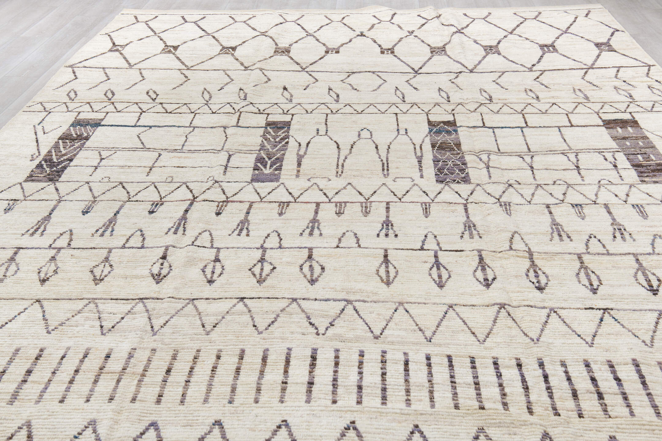 10' x 14' one-of-a-kind handmade vintage Tulu large size rug. Color palette: black, brown, gray, light gray, linen