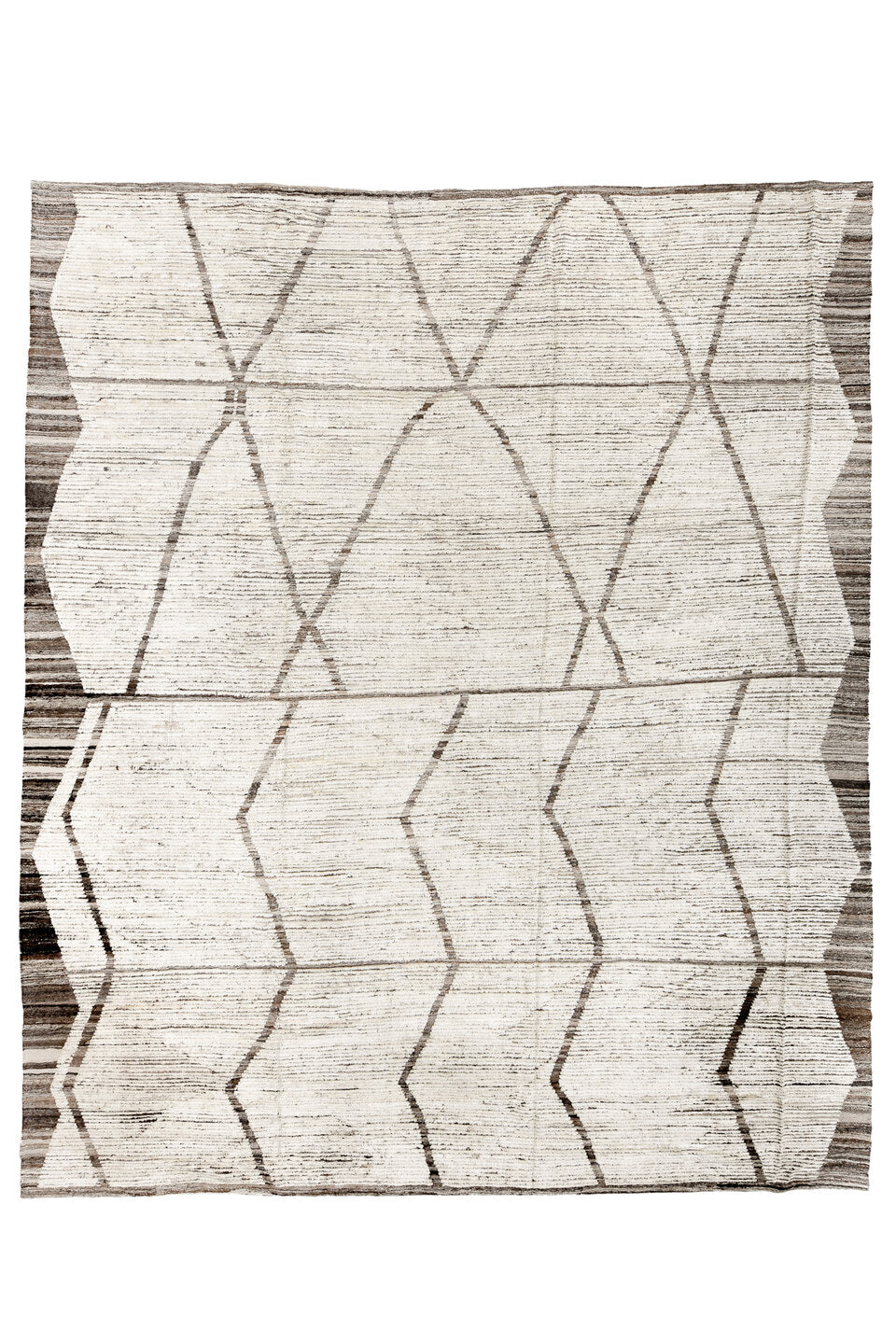11' x 13' one-of-a-kind handmade vintage Tulu oversize rug. Color palette: dark gray, gray, light gray, linen, off-white