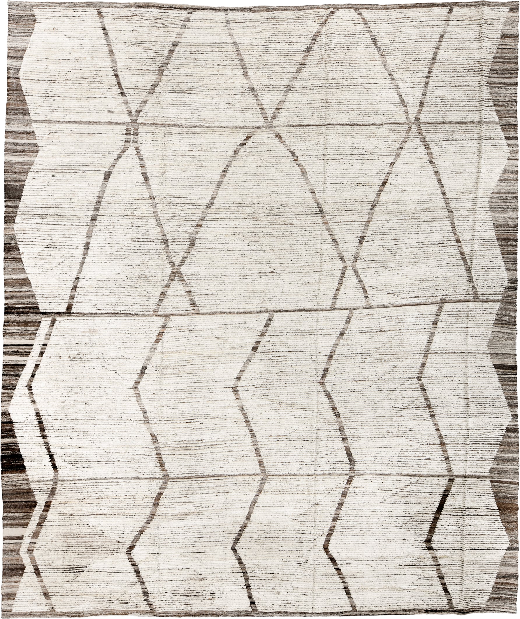 11' x 13' one-of-a-kind handmade vintage Tulu oversize rug. Color palette: ivory, taupe, charcoal, brown, cream, beige, gray