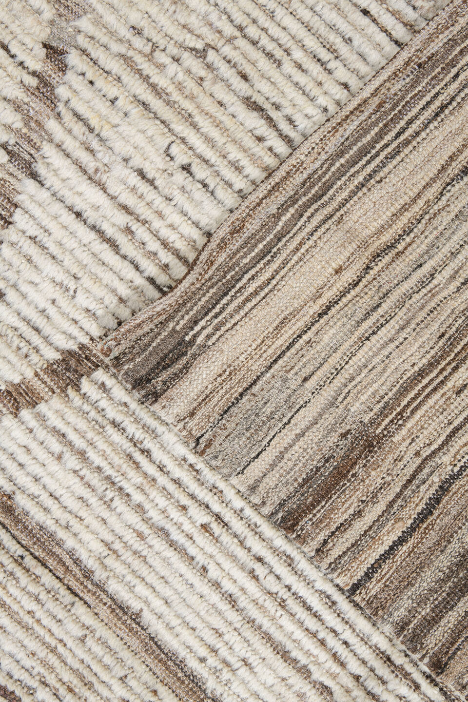 11' x 13' one-of-a-kind handmade vintage Tulu oversize rug. Color palette: ivory, taupe, charcoal, brown, cream, beige, gray