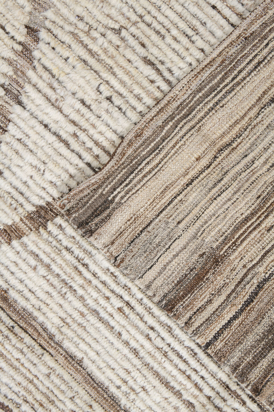 11' x 13' one-of-a-kind handmade vintage Tulu oversize rug. Color palette: dark gray, gray, light gray, linen, off-white