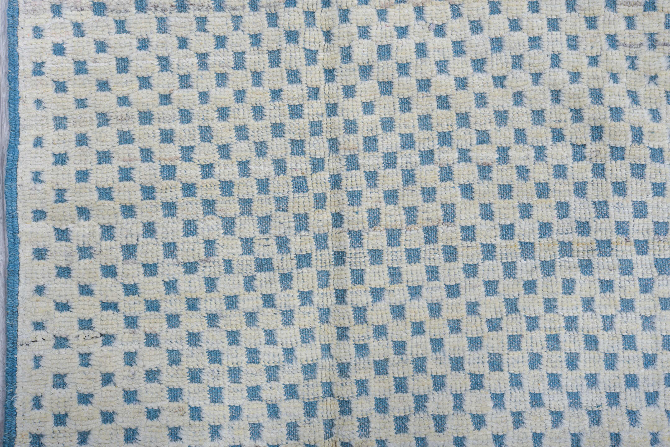 7' x 10' one-of-a-kind handmade vintage Tulu large size rug. Color palette: ivory, sky blue, light blue