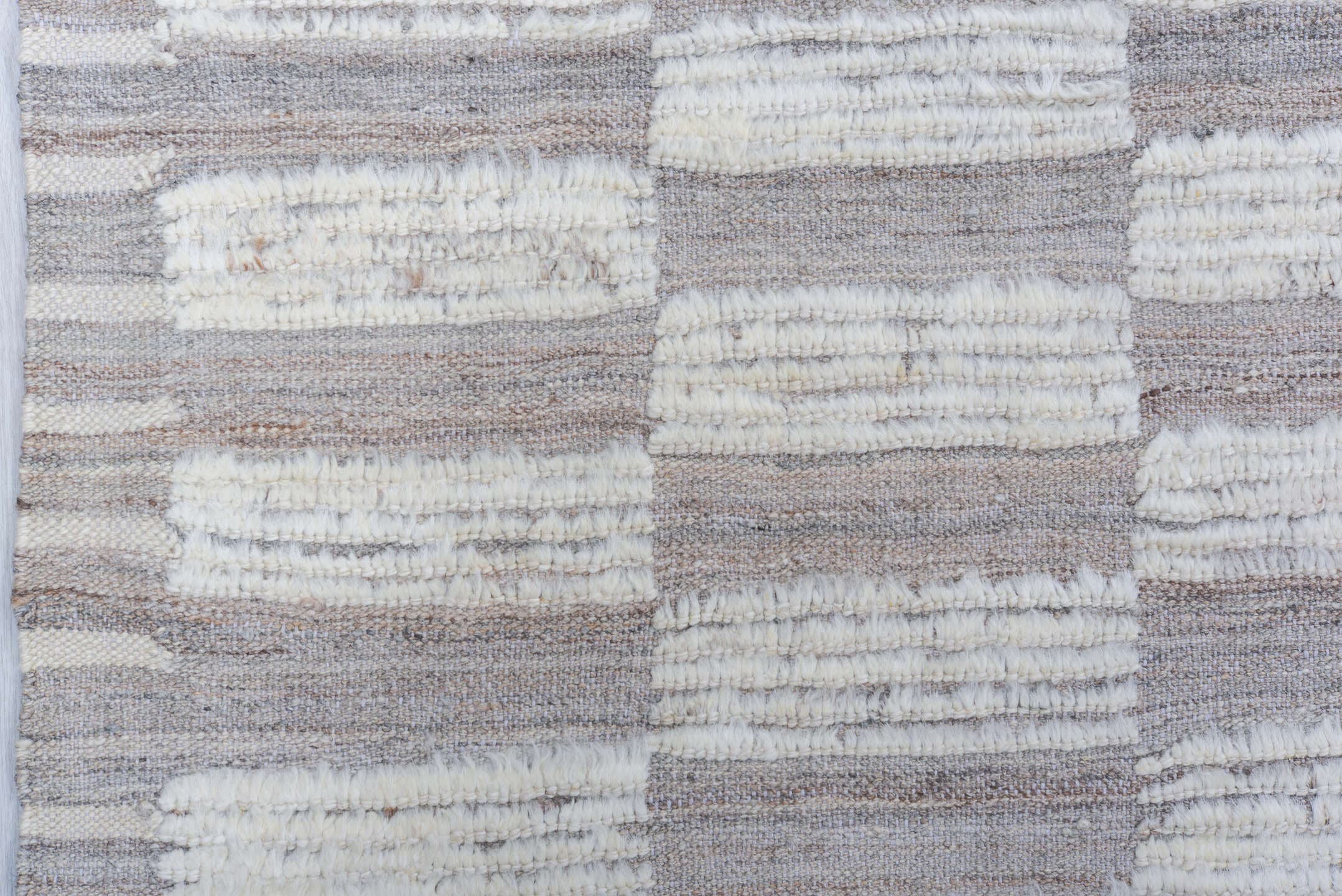 6' x 9' one-of-a-kind handmade vintage Tulu medium size rug. Color palette: ivory, taupe, gray, cream, beige