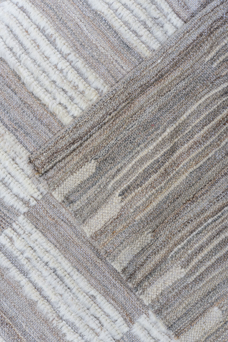 6' x 9' one-of-a-kind handmade vintage Tulu medium size rug. Color palette: ivory, taupe, gray, cream, beige