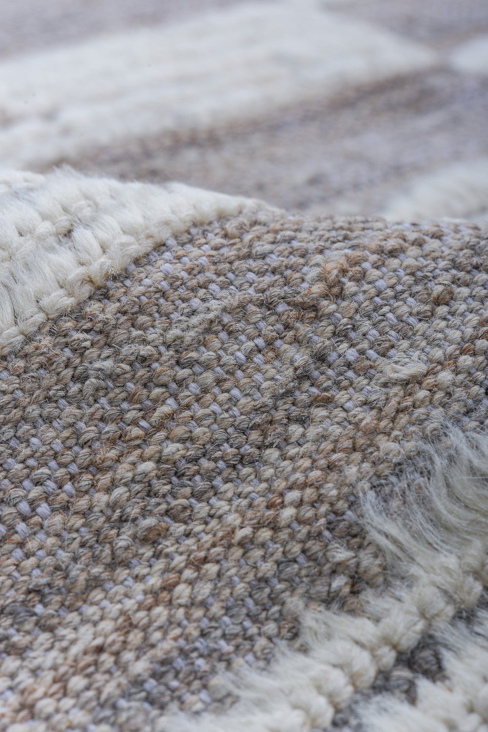 6' x 9' one-of-a-kind handmade vintage Tulu medium size rug. Color palette: ivory, taupe, gray, cream, beige