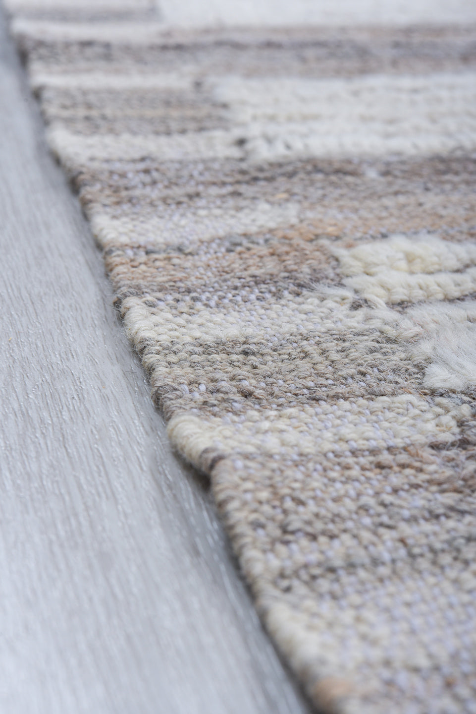 6' x 9' one-of-a-kind handmade vintage Tulu medium size rug. Color palette: ivory, taupe, gray, cream, beige