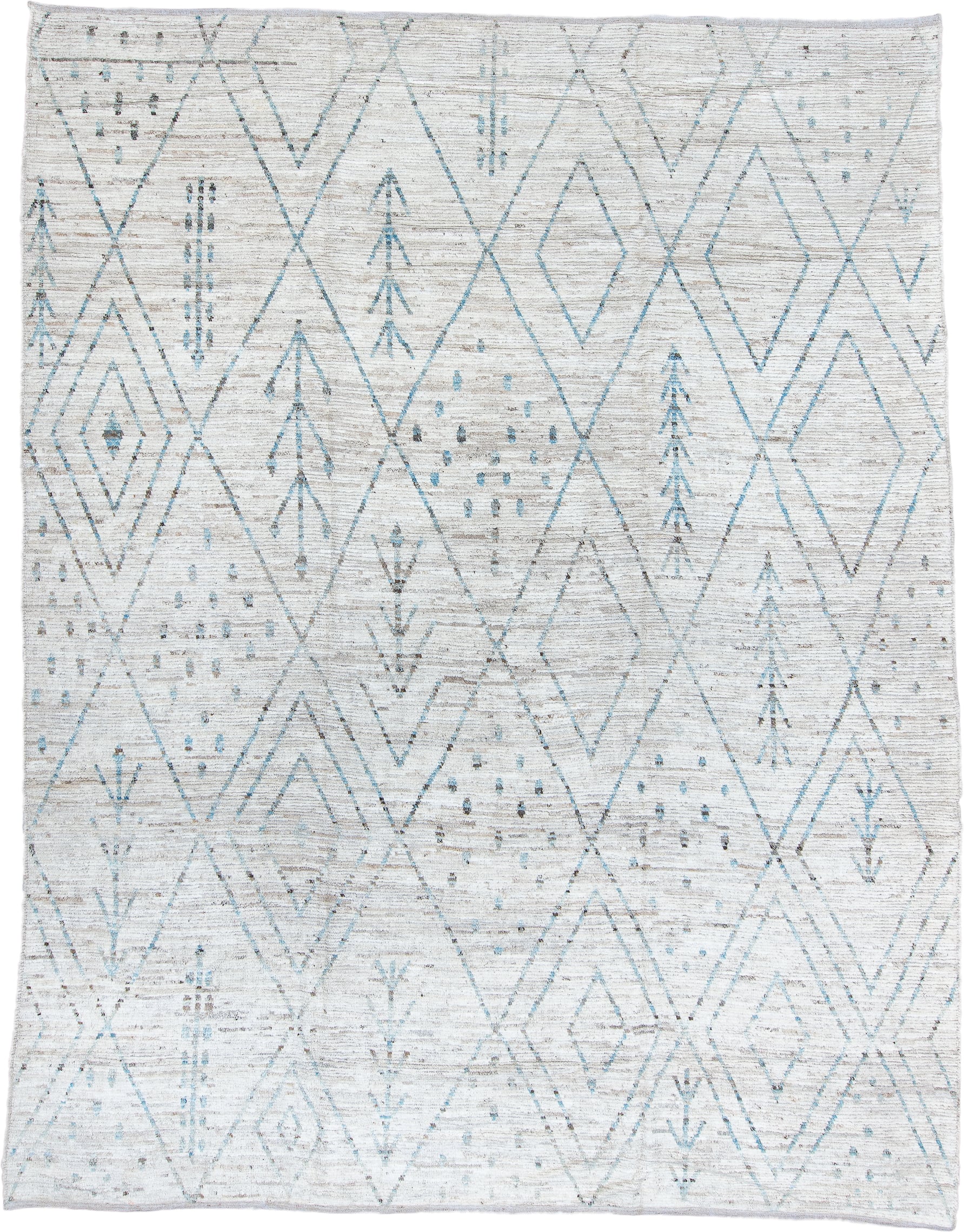 10' x 13' one-of-a-kind handmade vintage Tulu large size rug. Color palette: ivory, sky blue, taupe, light gray, charcoal