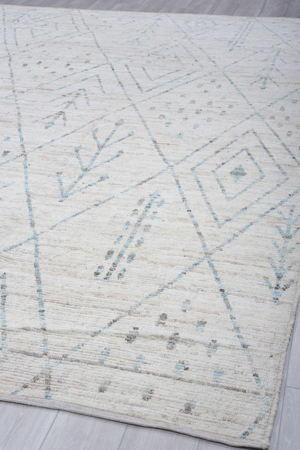 10' x 13' one-of-a-kind handmade vintage Tulu large size rug. Color palette: ivory, sky blue, taupe, light gray, charcoal
