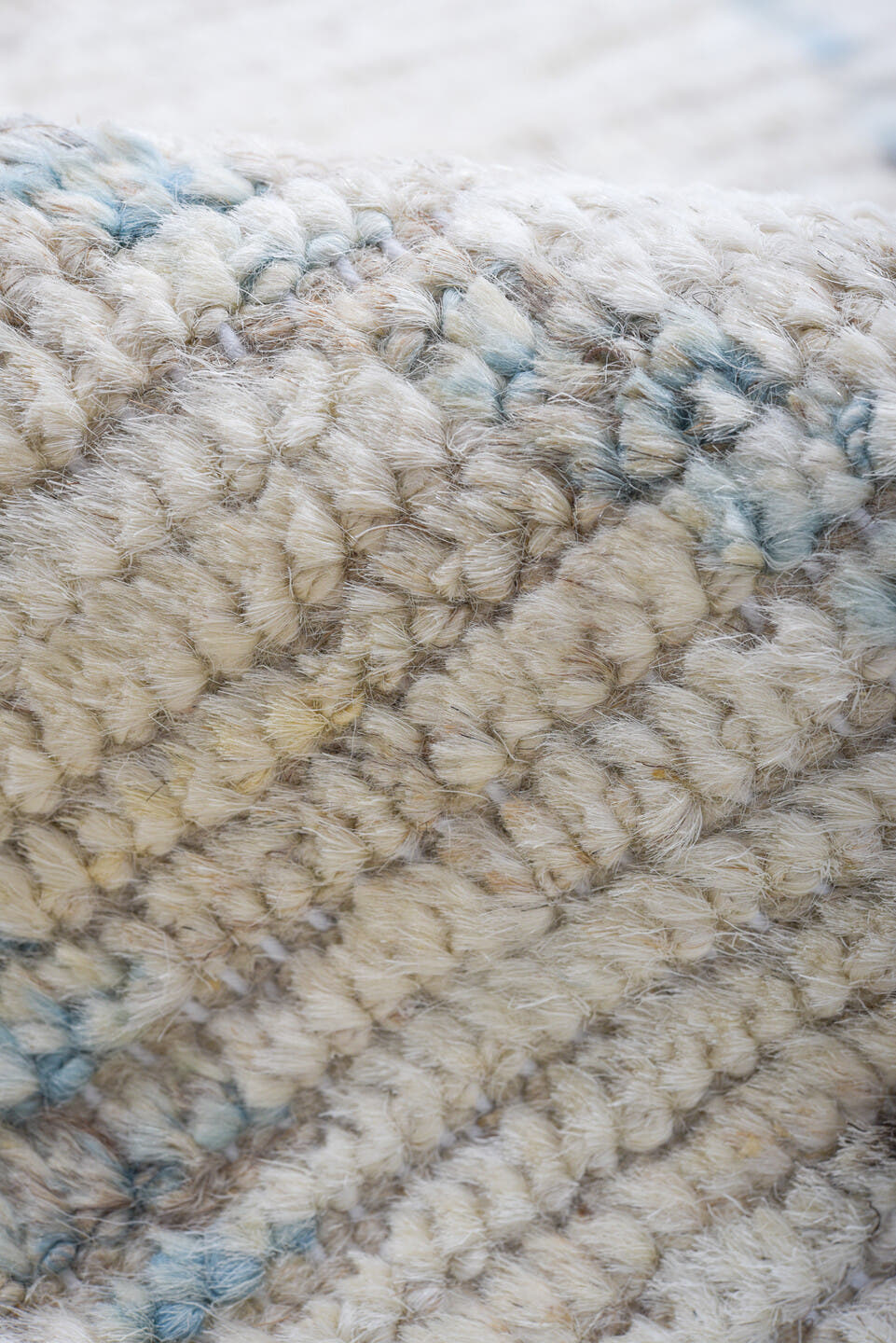 10' x 13' one-of-a-kind handmade vintage Tulu large size rug. Color palette: ivory, sky blue, taupe, light gray, charcoal