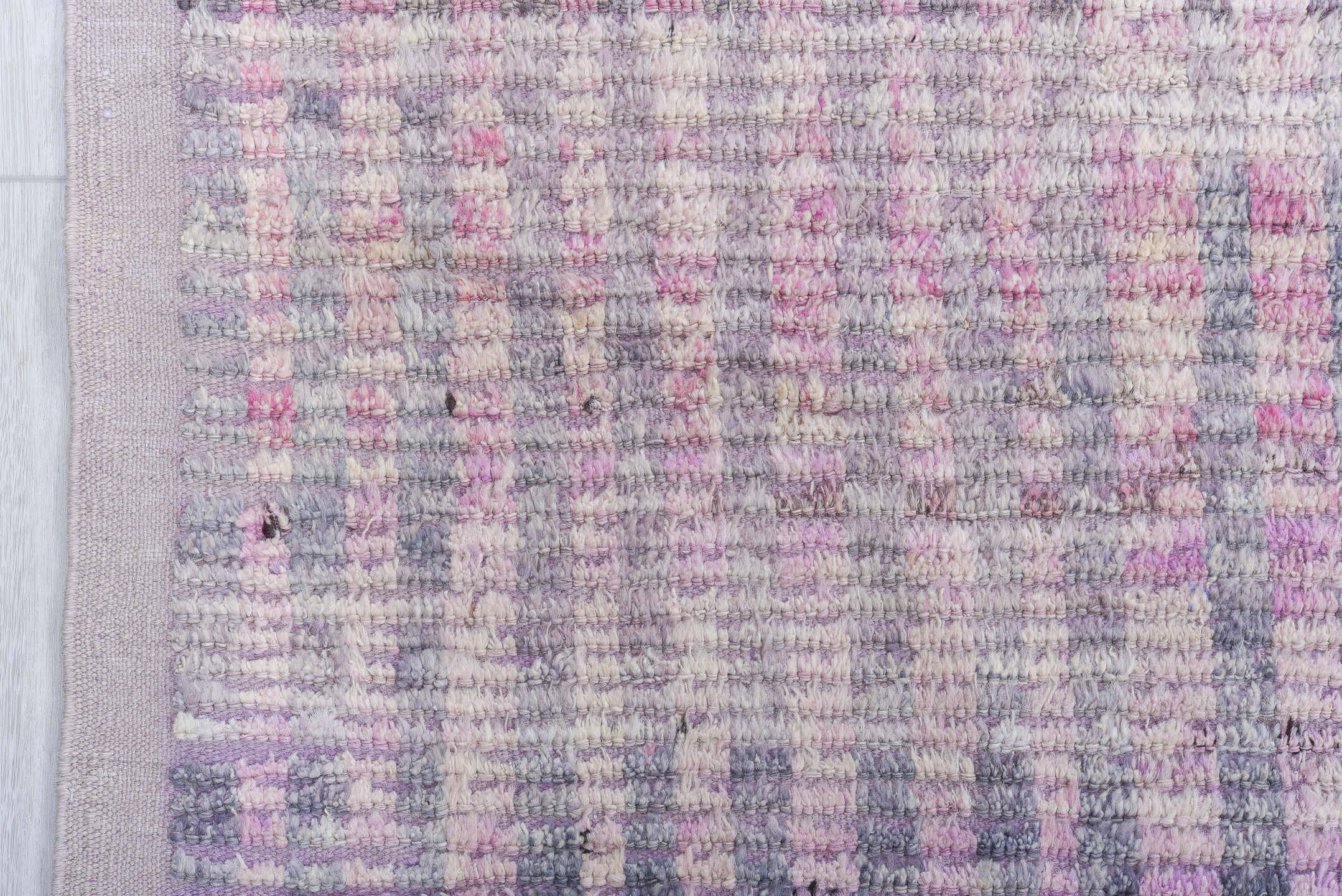 10' x 13' one-of-a-kind handmade vintage Tulu large size rug. Color palette: lavender, ivory, gray, pink, charcoal, yellow