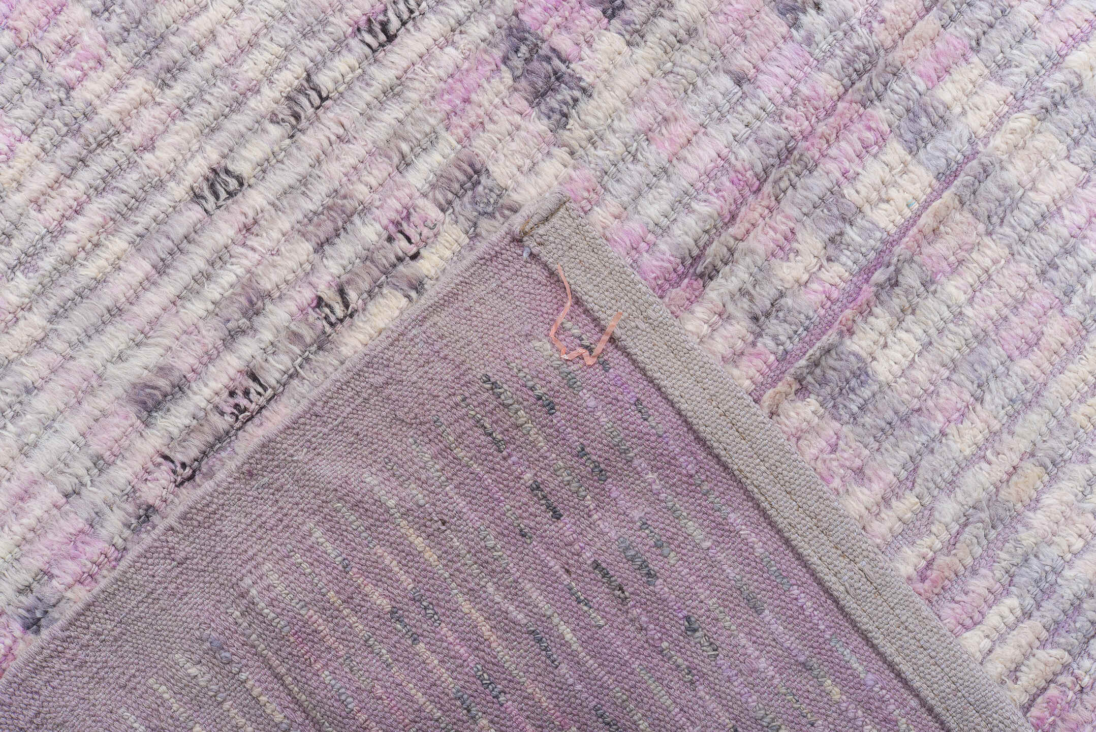 10' x 13' one-of-a-kind handmade vintage Tulu large size rug. Color palette: lavender, ivory, gray, pink, charcoal, yellow