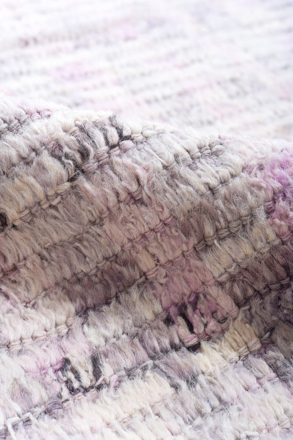 10' x 13' one-of-a-kind handmade vintage Tulu large size rug. Color palette: lavender, ivory, gray, pink, charcoal, yellow