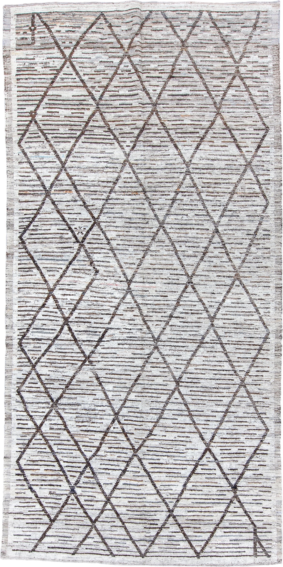 6' x 13' one-of-a-kind handmade vintage Tulu large size rug. Color palette: ivory, charcoal, taupe, brown, gray, black