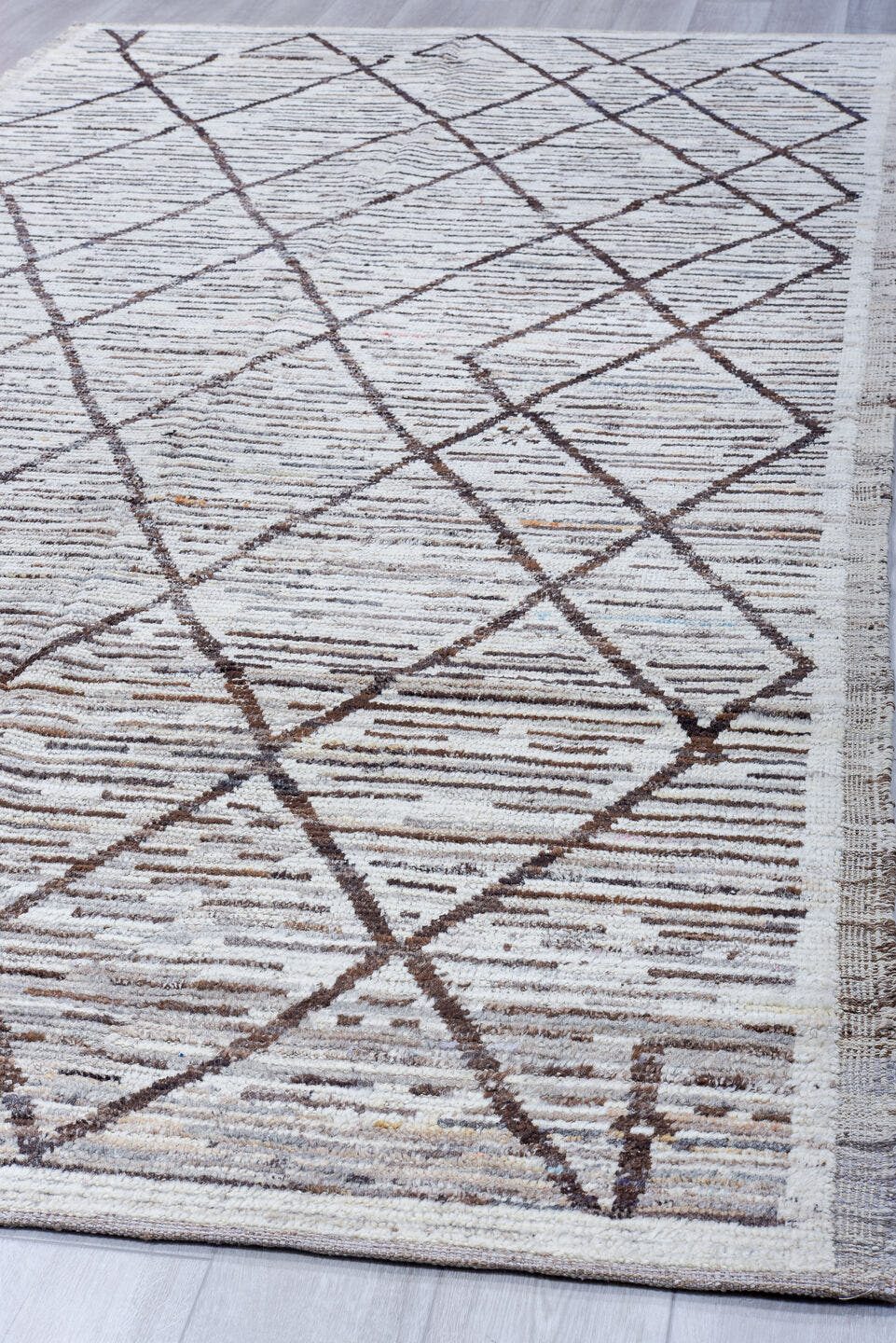 6' x 13' one-of-a-kind handmade vintage Tulu large size rug. Color palette: ivory, charcoal, taupe, brown, gray, black